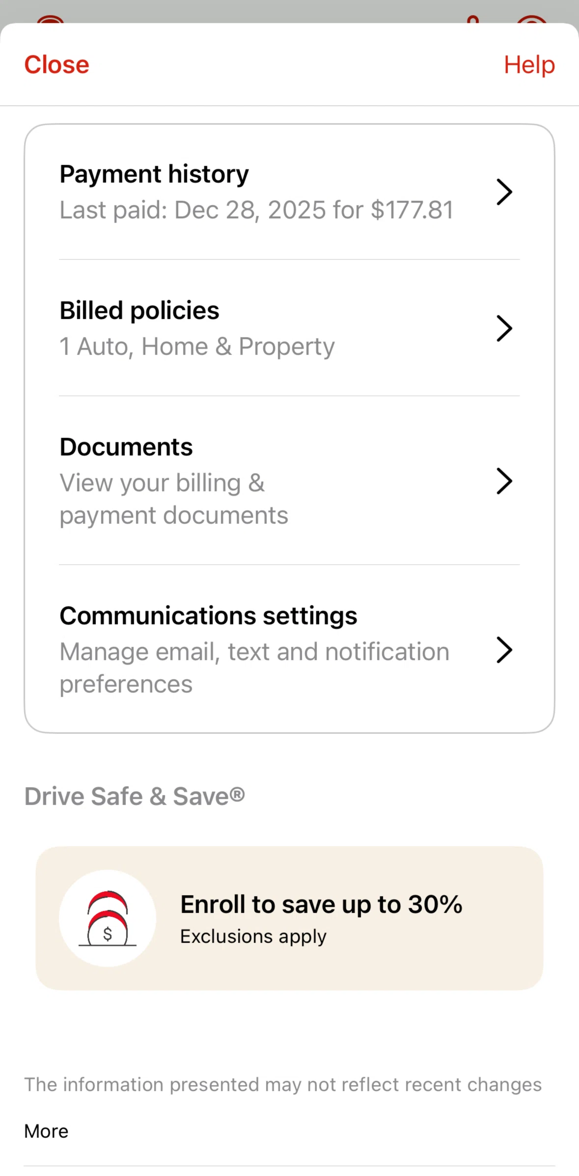 State Farm Screen screen in the Billed policies flow