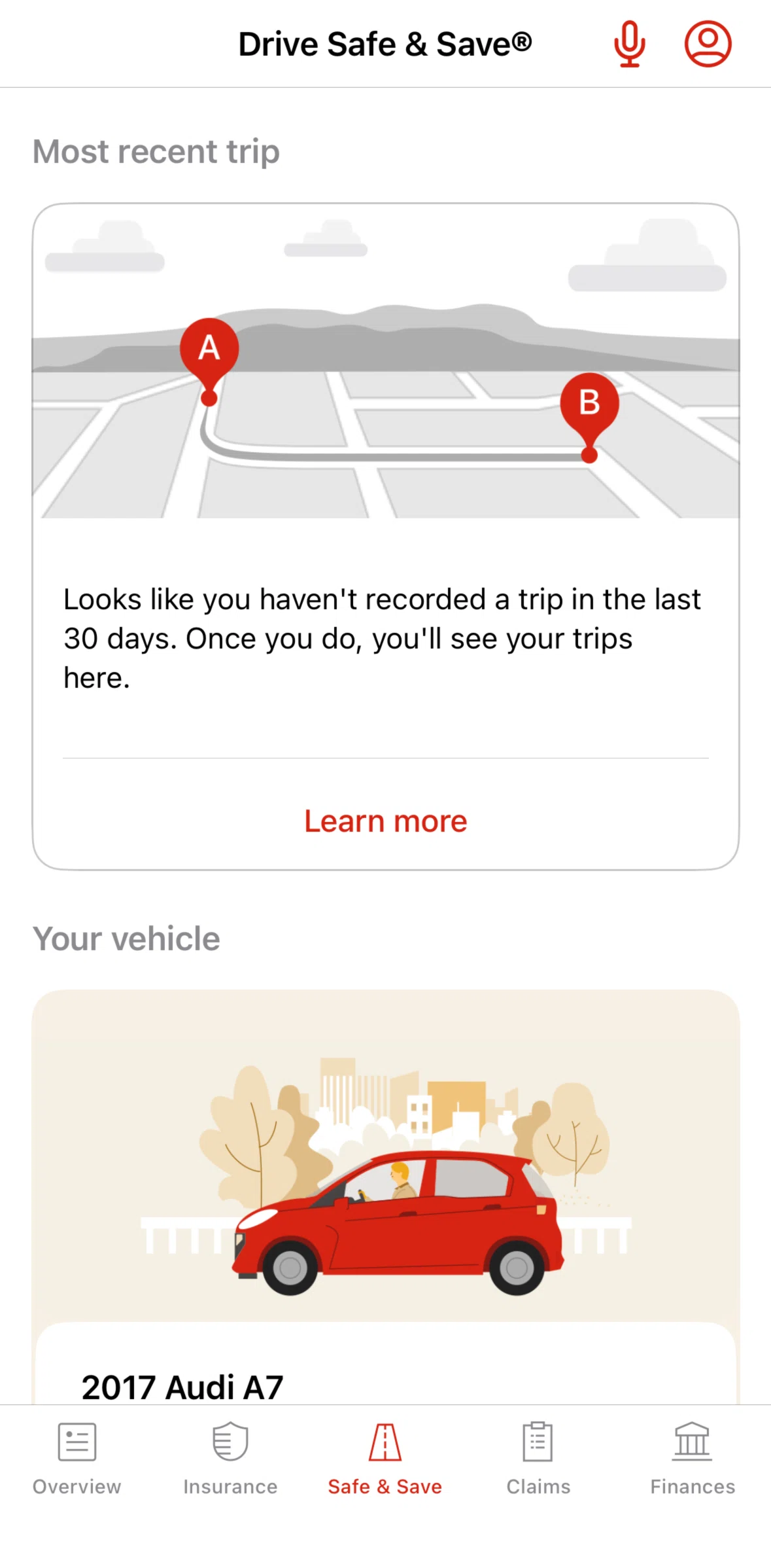 State Farm Screen screen in the Learn more about trips flow
