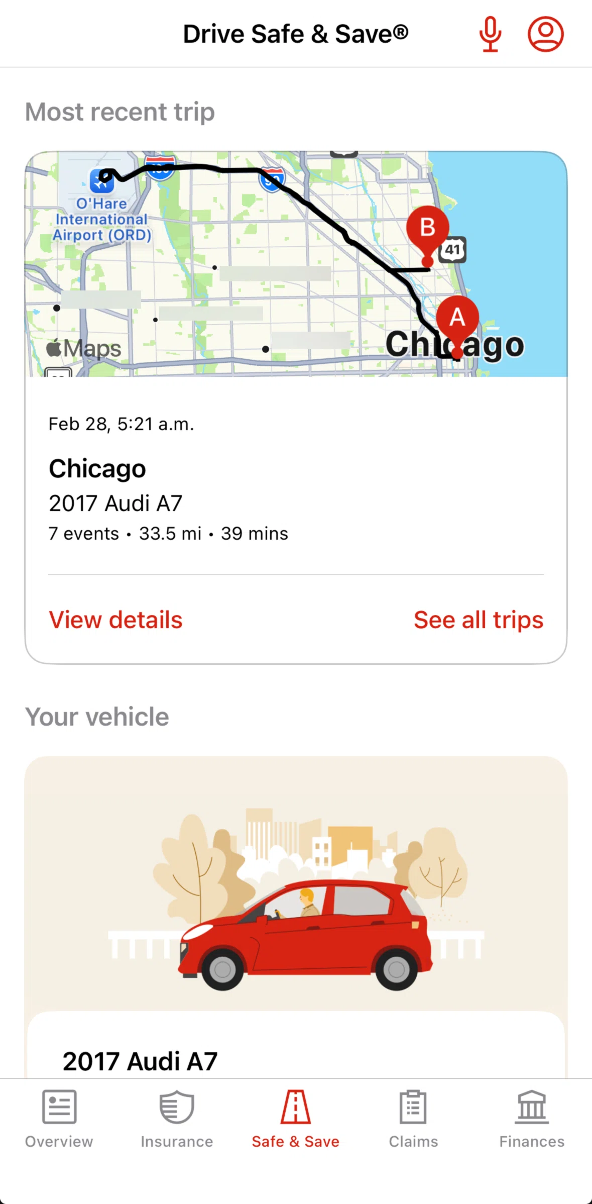 State Farm Screen screen in the Most recent trips flow