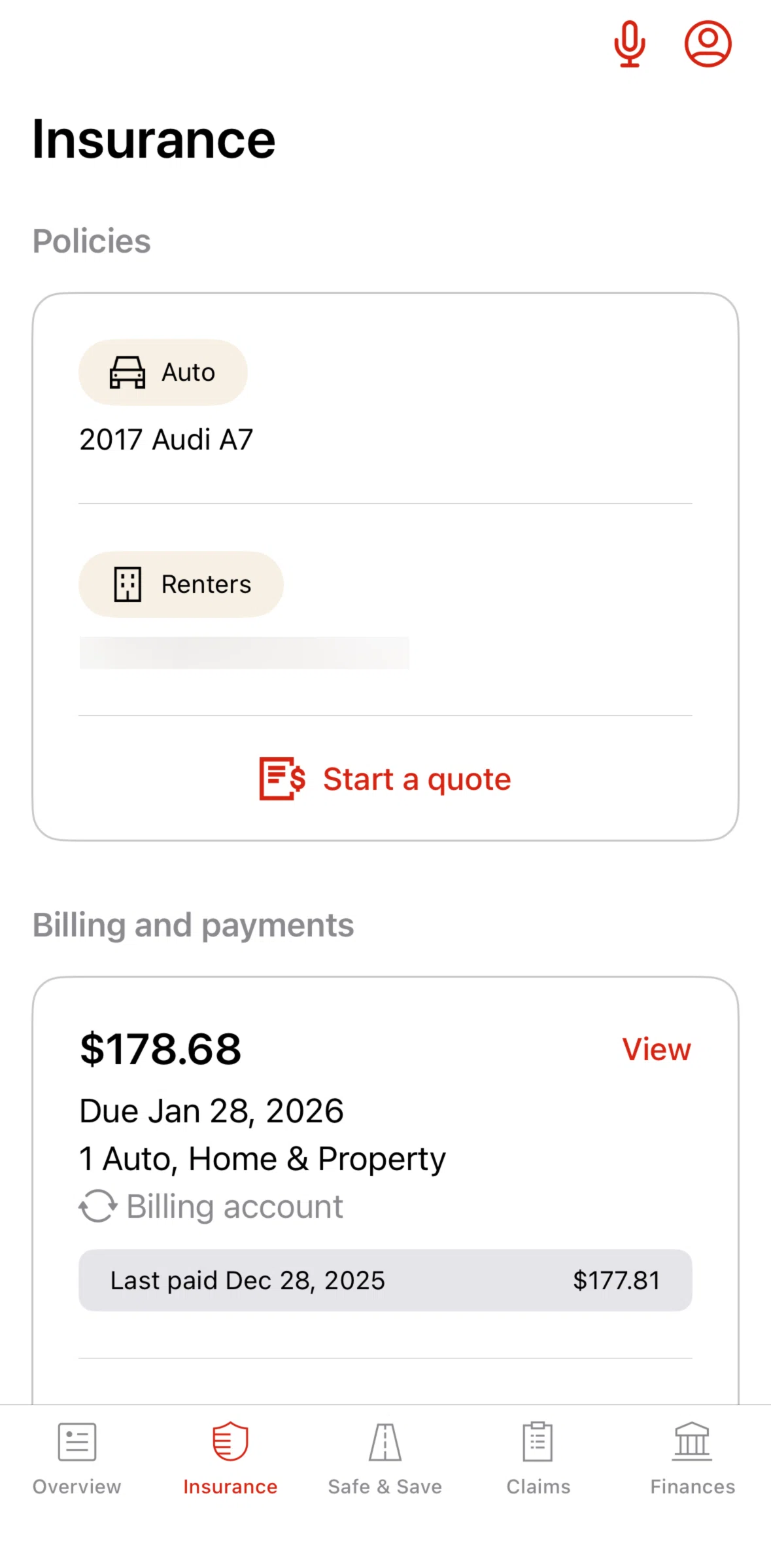 State Farm Screen screen in the Policy detail (renters) flow