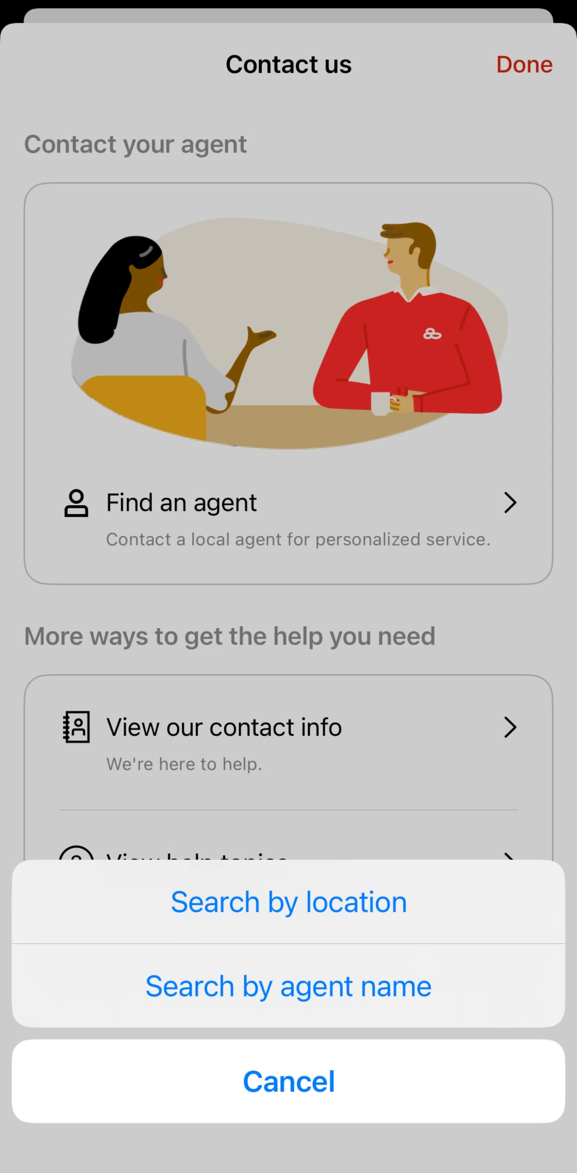 State Farm Screen screen in the Searching agents (agent name) flow