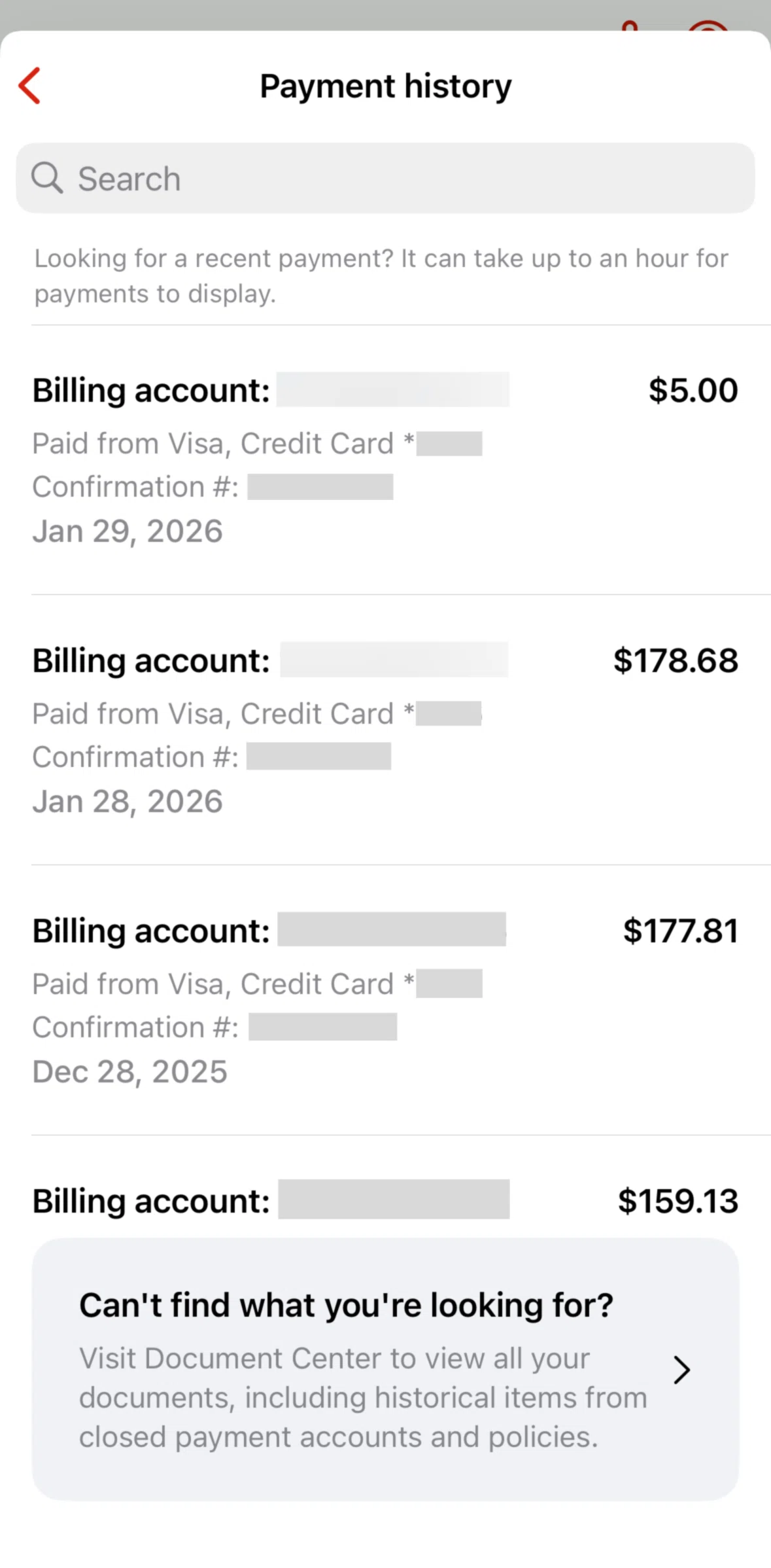 State Farm Screen screen in the Searching payment history flow