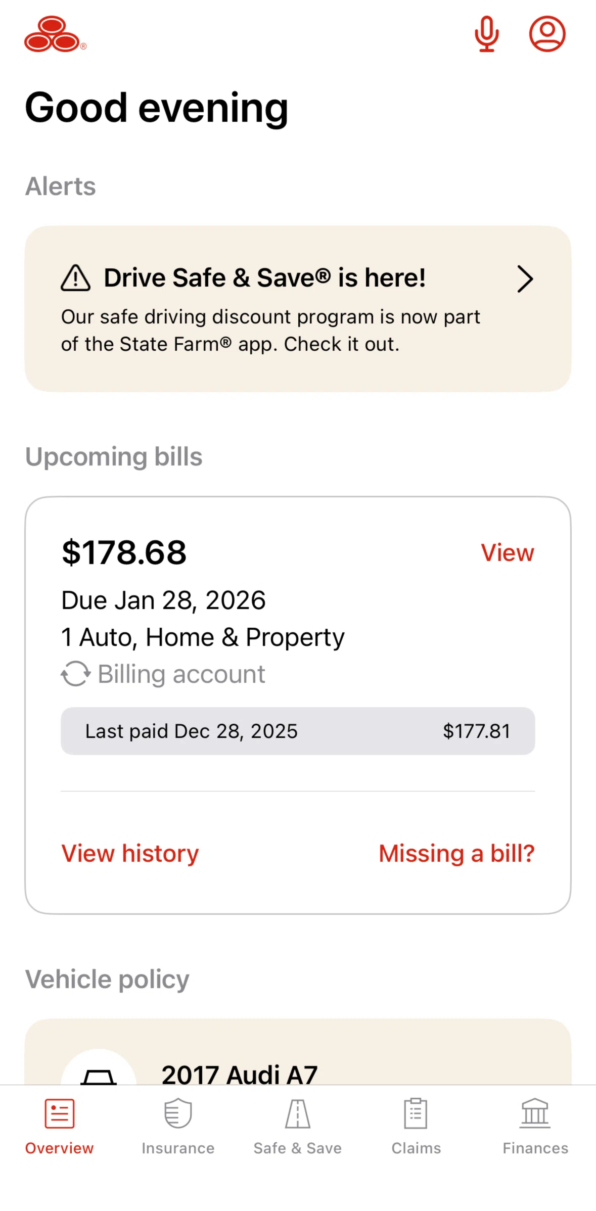 State Farm Screen screen in the Searching State Farm (voice input) flow