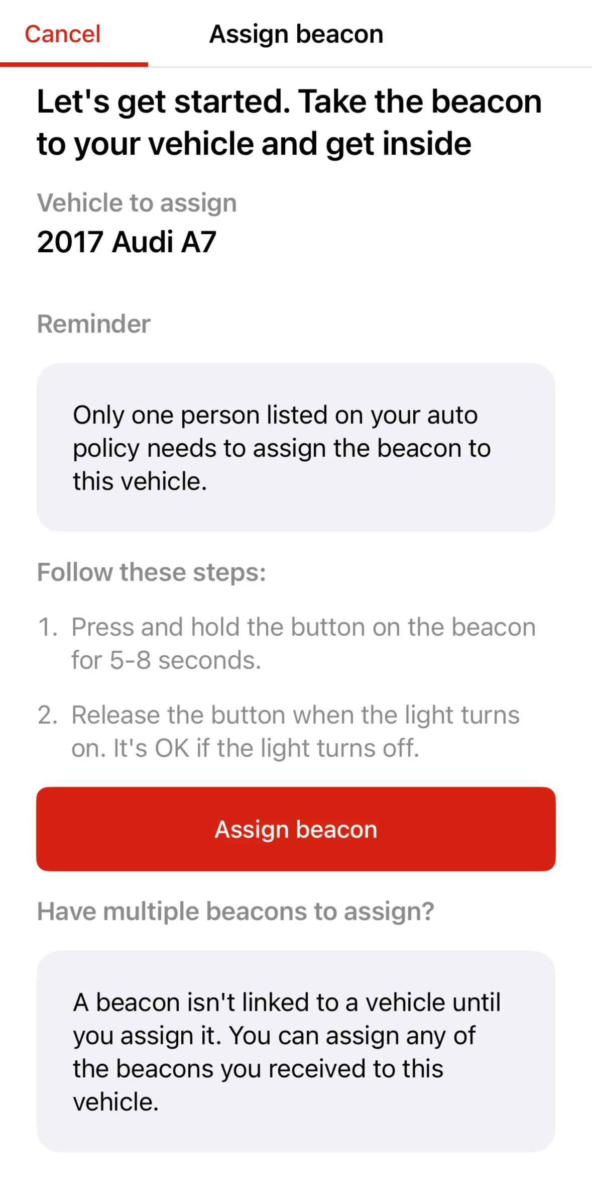 State Farm Screen screen in the Setting up a beacon flow