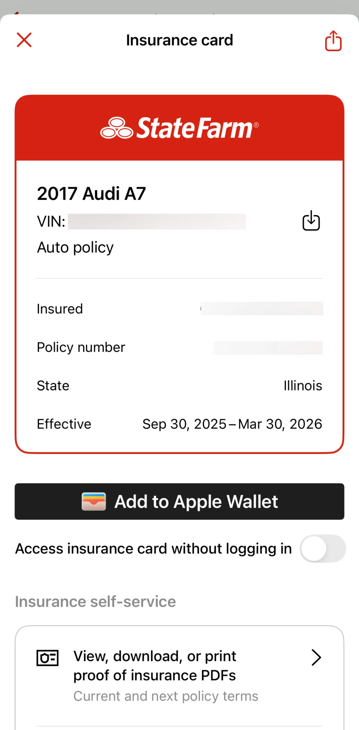 State Farm Screen screen in the Turning on an insurance card access flow