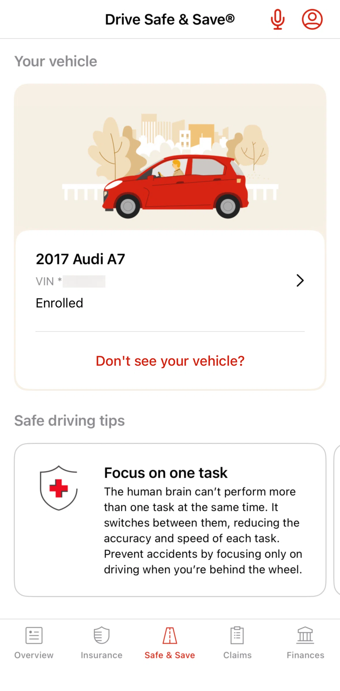 State Farm Screen screen in the Vehicle detail (Drive Safe & Save®) flow