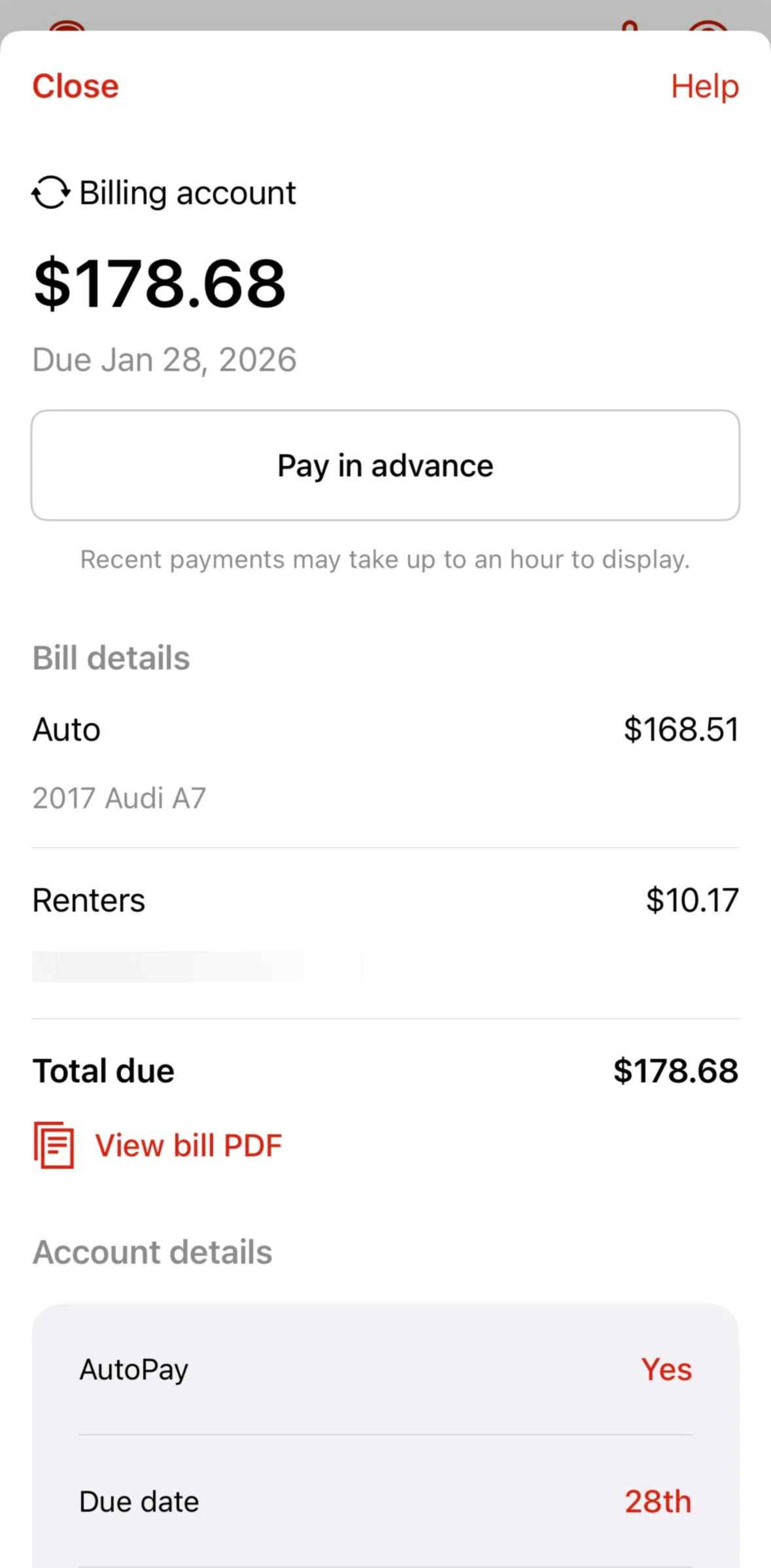 State Farm Screen screen in the View bill PDF flow