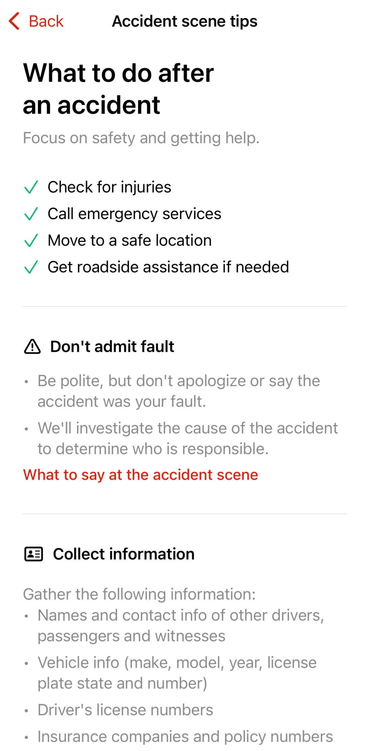 State Farm Screen screen in the What to say at the accident scene flow