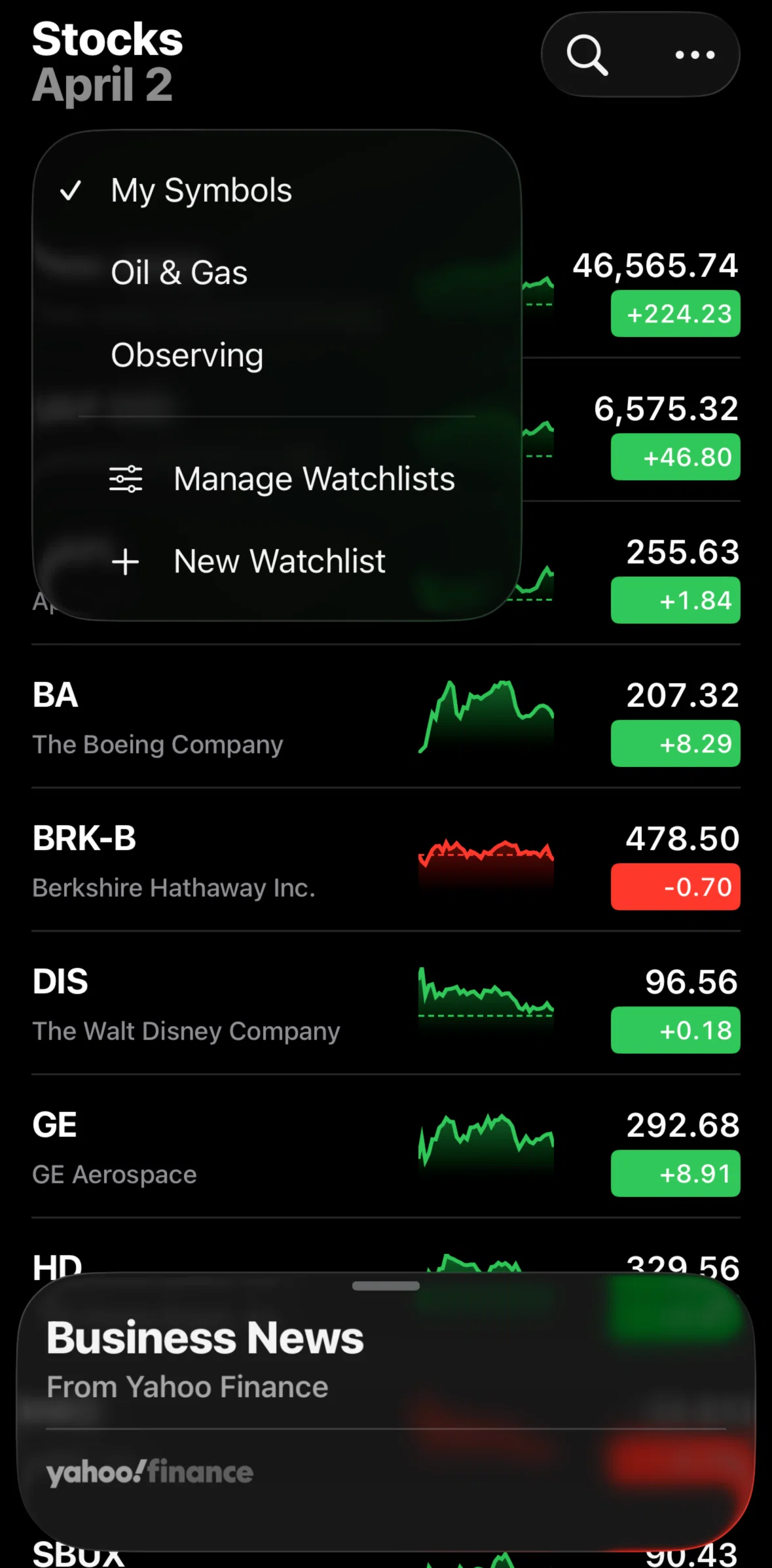 Stocks Screen screen in the Manage watchlists flow