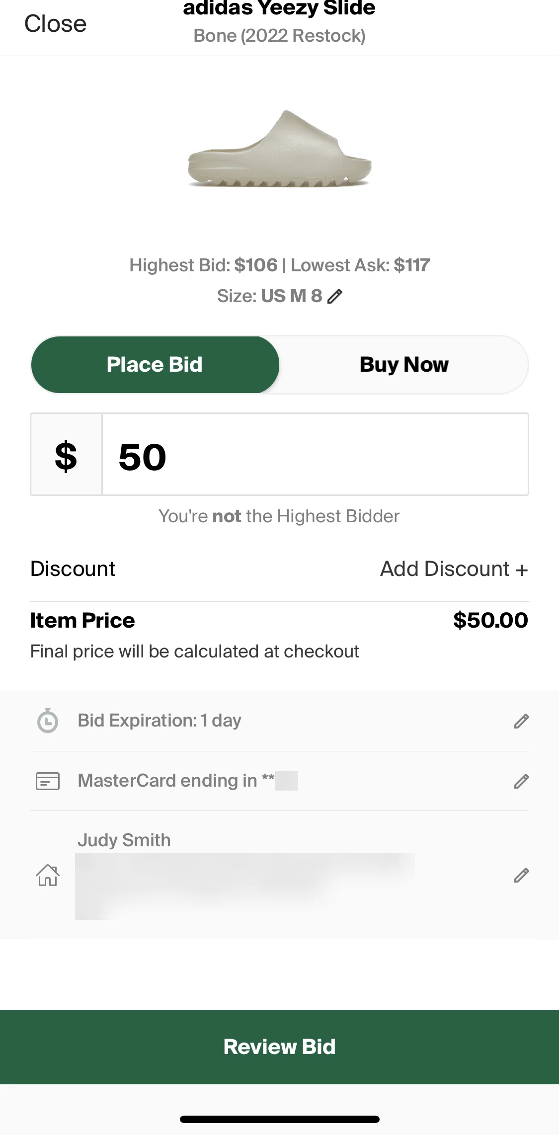 Stockx Screen screen in the Entering a discount code flow