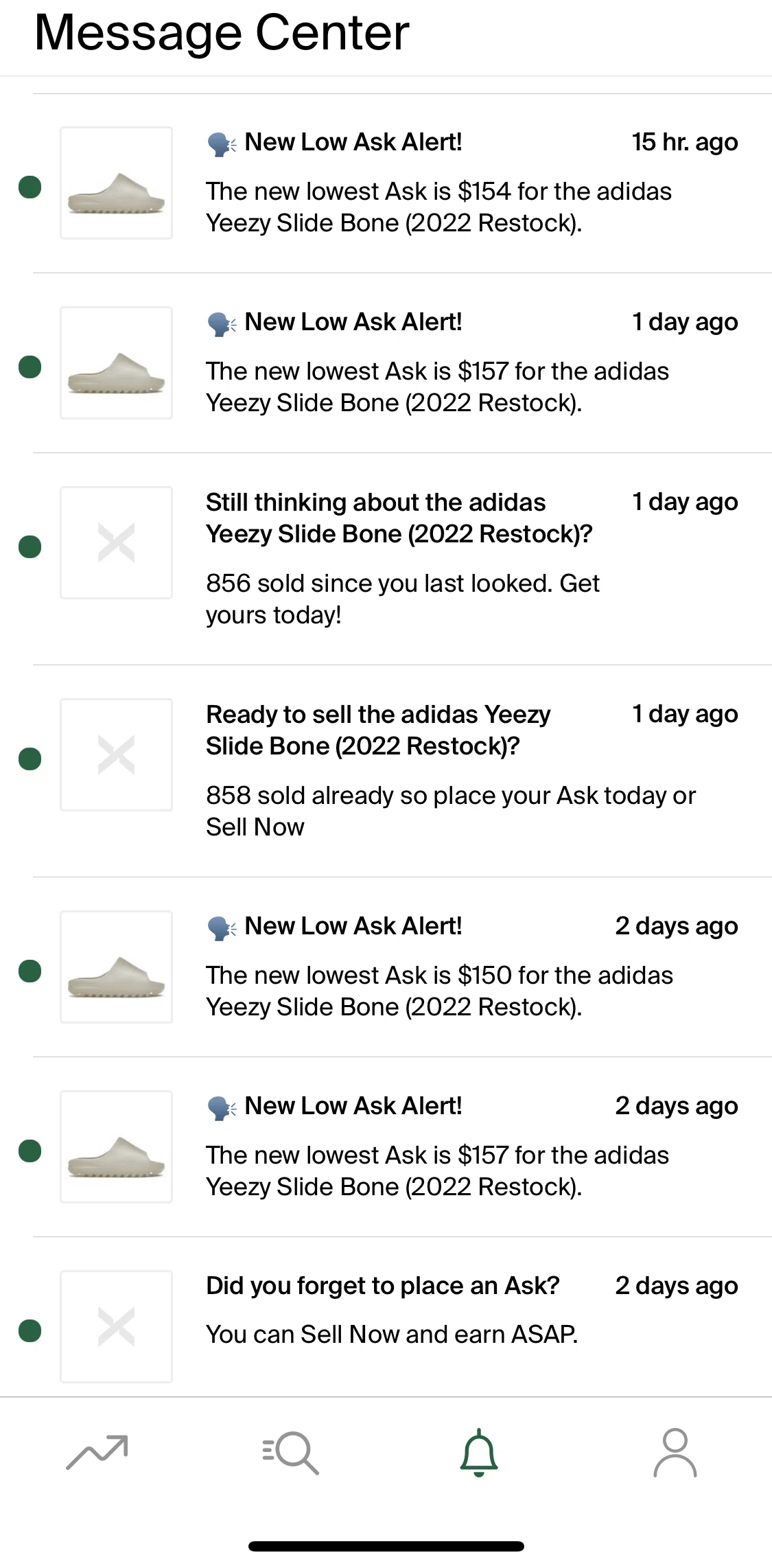 Stockx Screen screen in the Message center flow