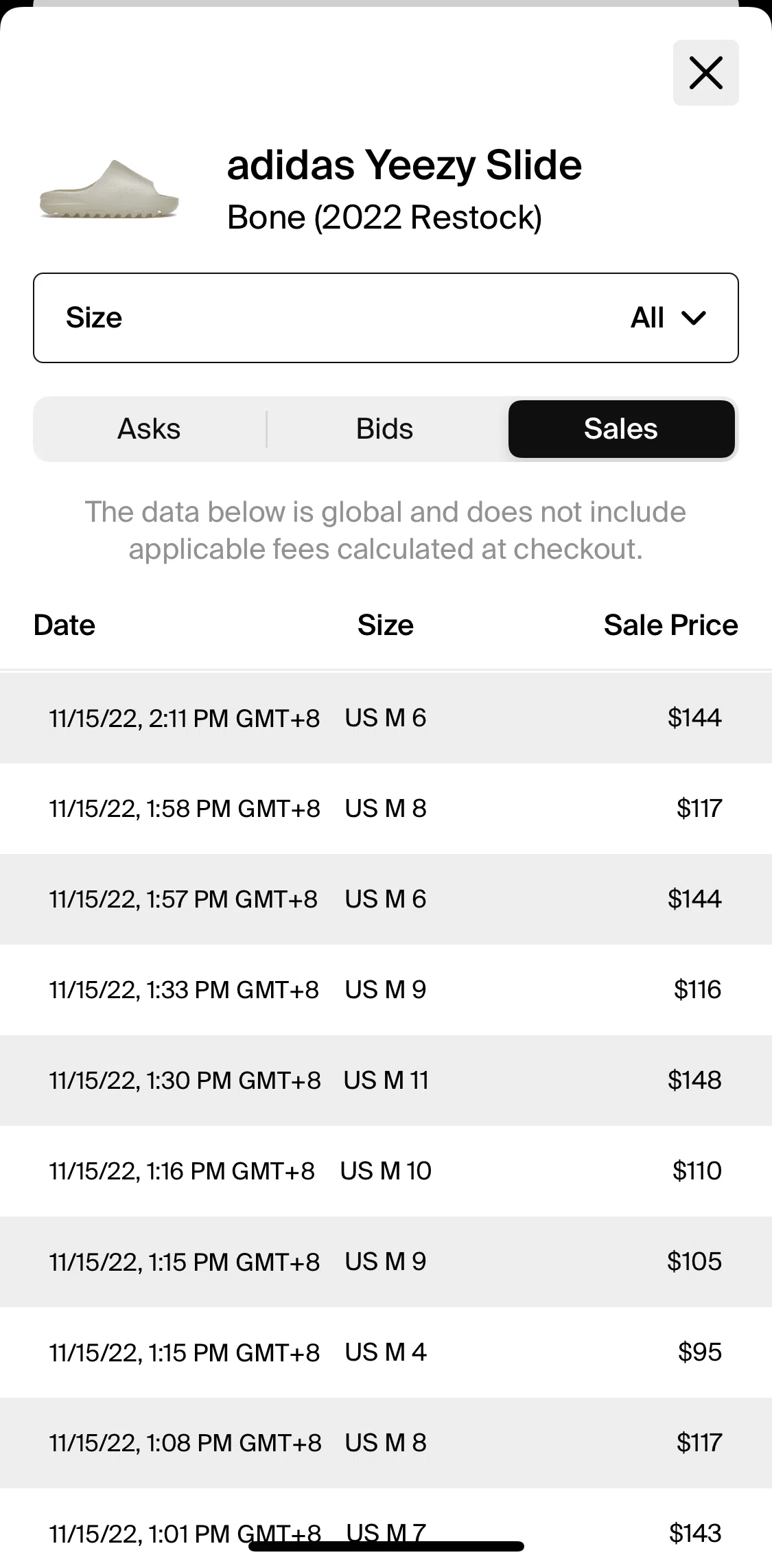 Stockx Screen screen in the Select size flow
