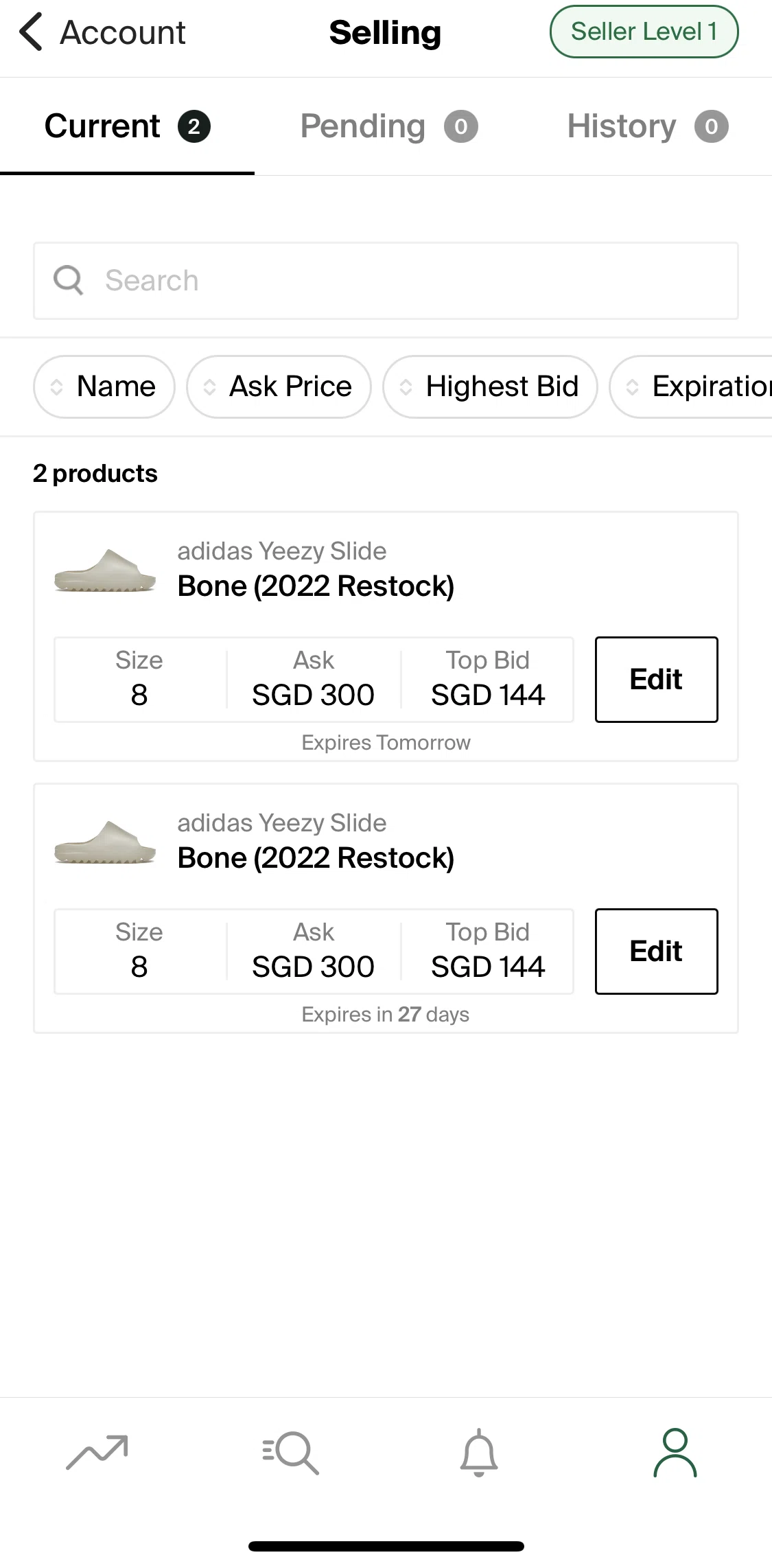 Stockx Screen screen in the Seller level progress flow