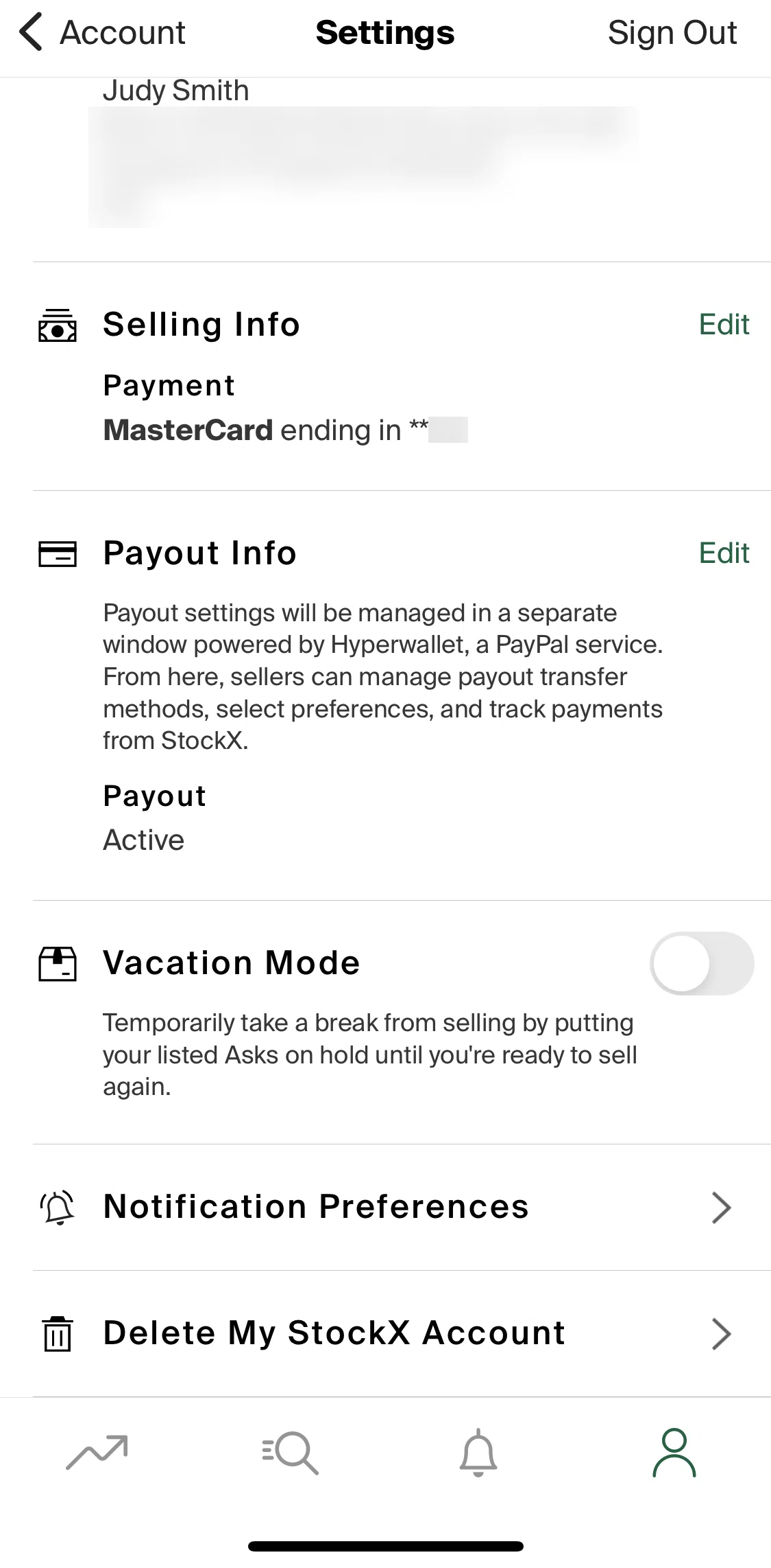 Stockx Screen screen in the Turning on vacation mode flow