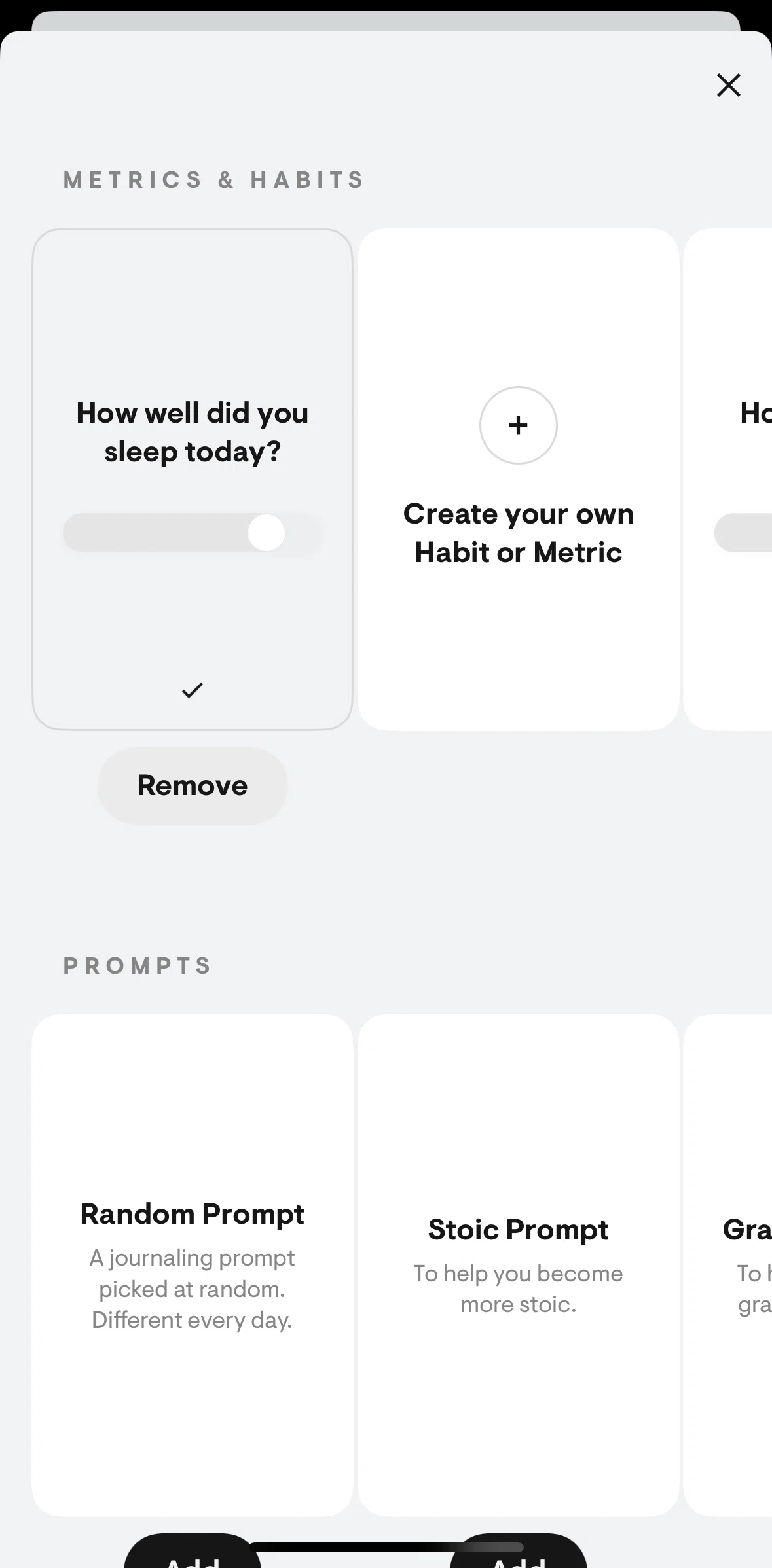 Stoic Screen screen in the Adding a metric to daily reflections flow
