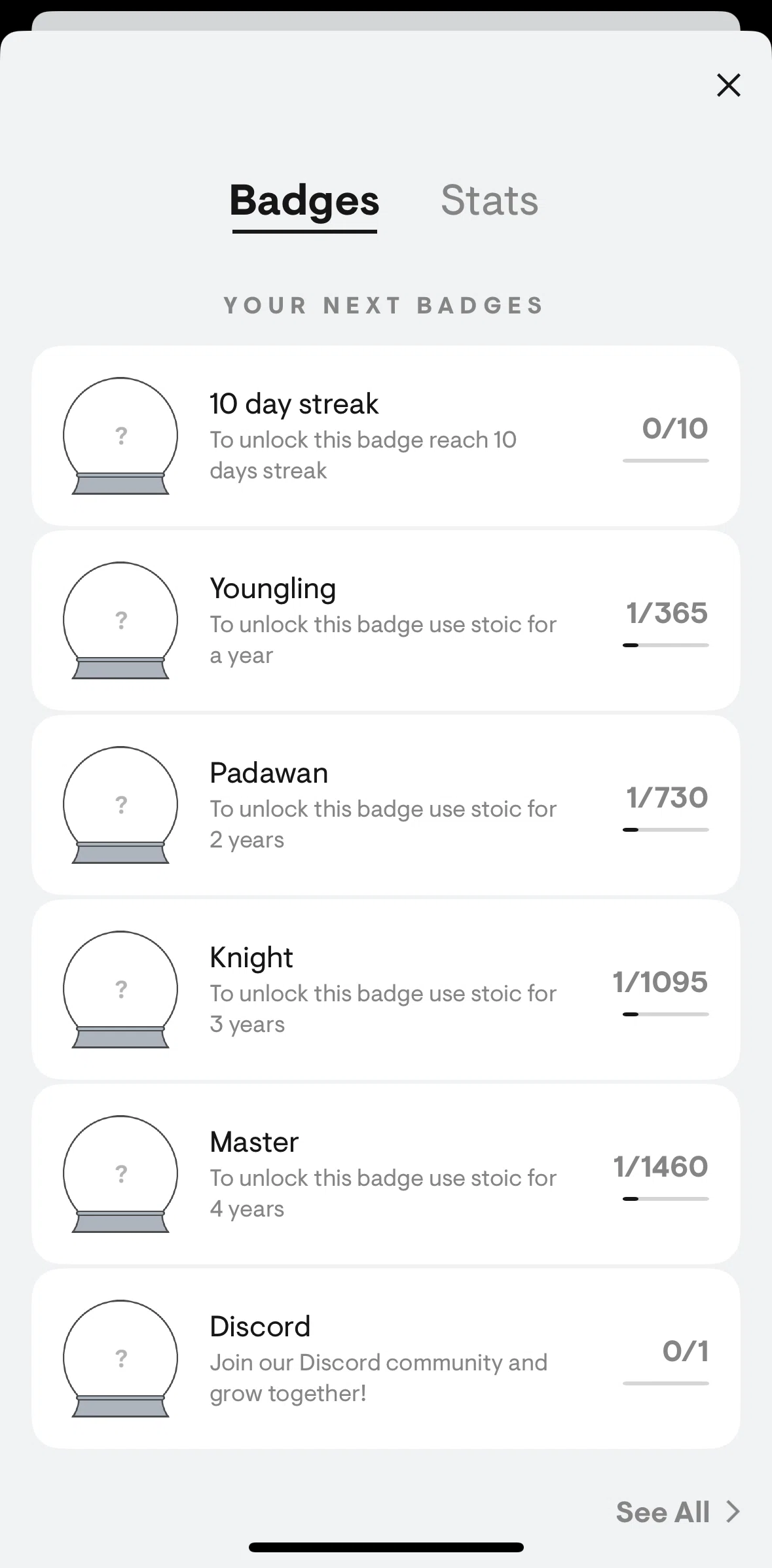 Stoic Screen screen in the All badges flow