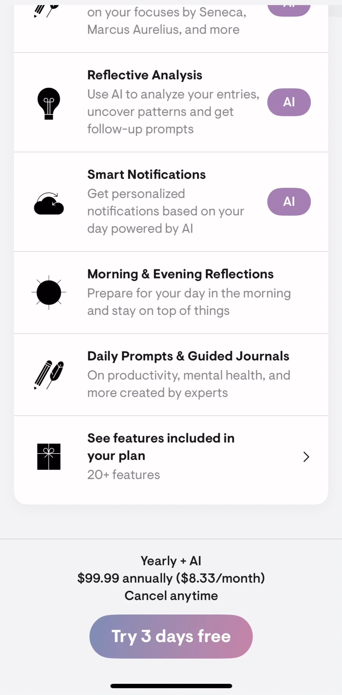 Stoic Screen screen in the Premium + AI features flow