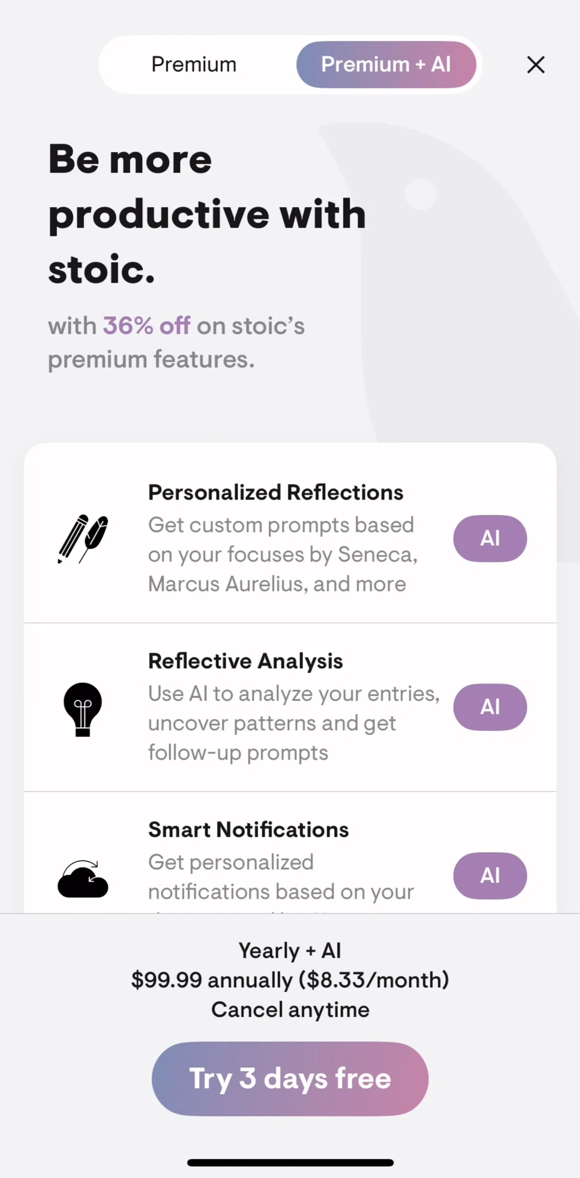 Stoic Screen screen in the Subscribing to premium flow