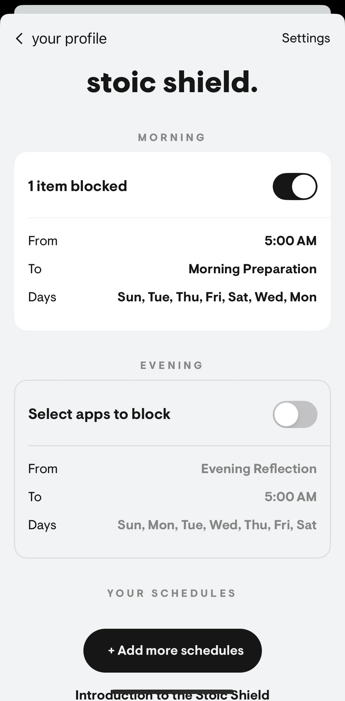 Stoic Screen screen in the Updating a blocking schedule flow