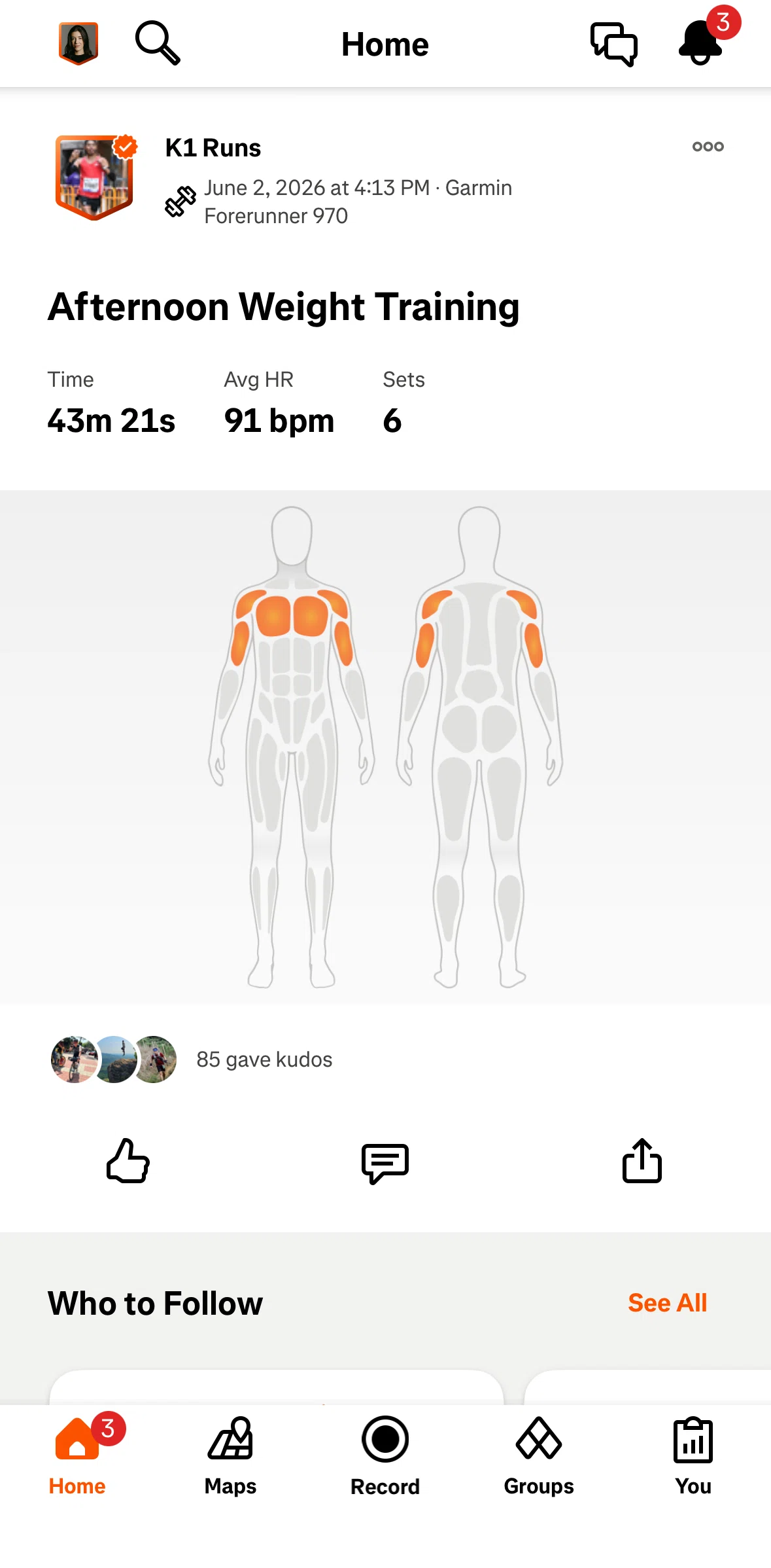 Strava Screen screen in the Activity detail (weight training) flow