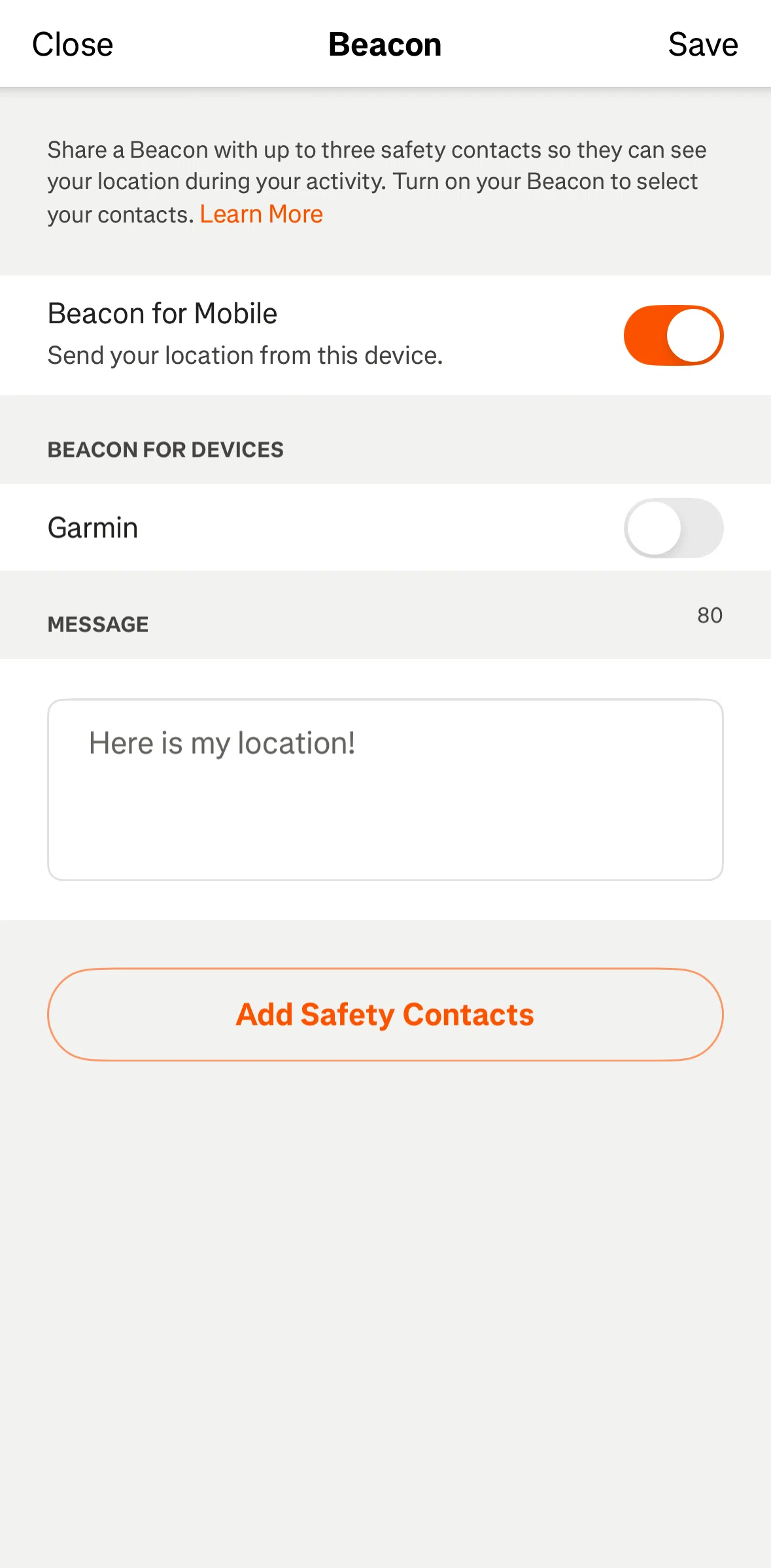 Strava Screen screen in the Adding a safety contact flow