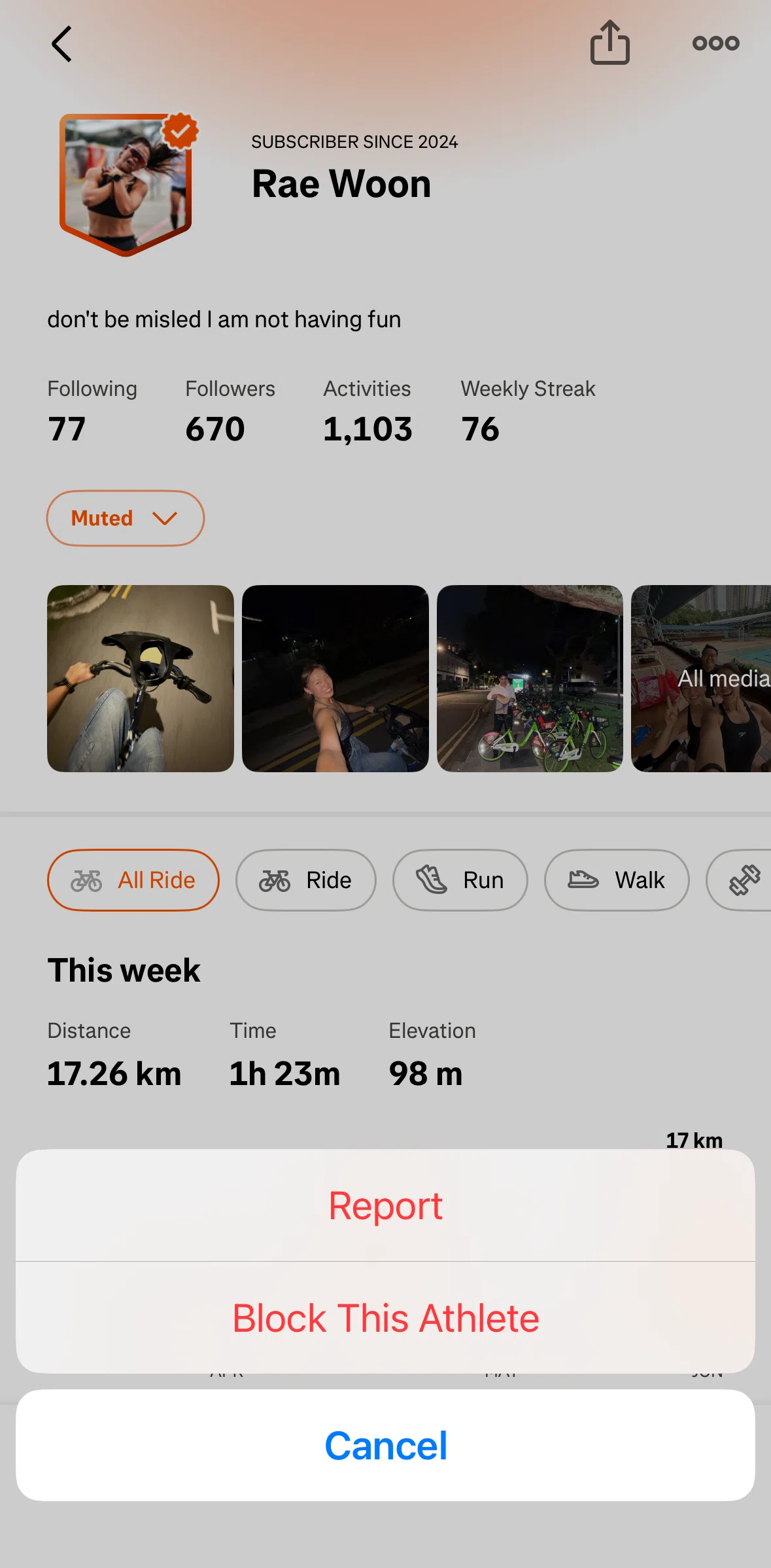 Strava Screen screen in the Blocking an athlete flow