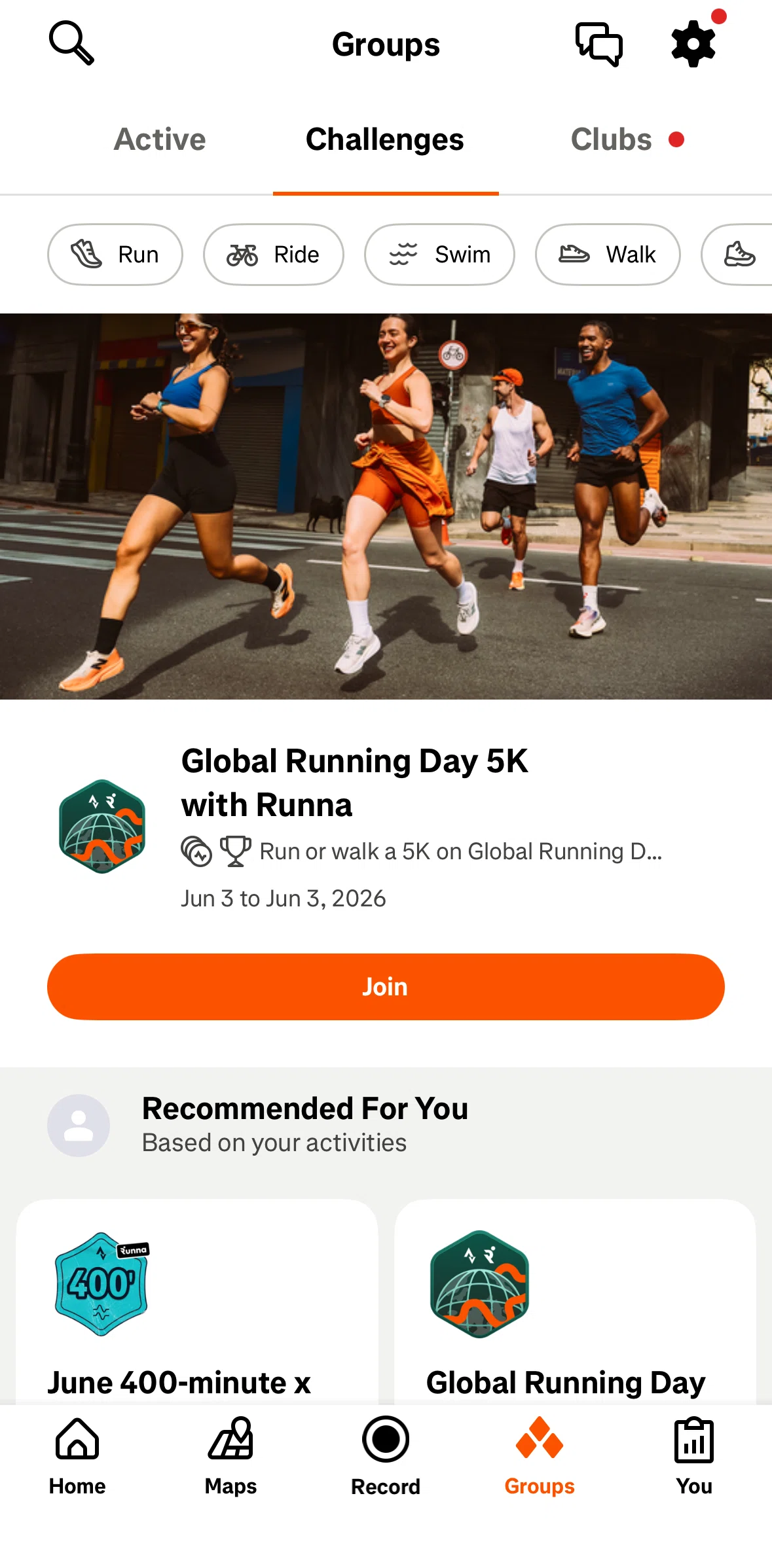 Strava Screen screen in the Challenges flow