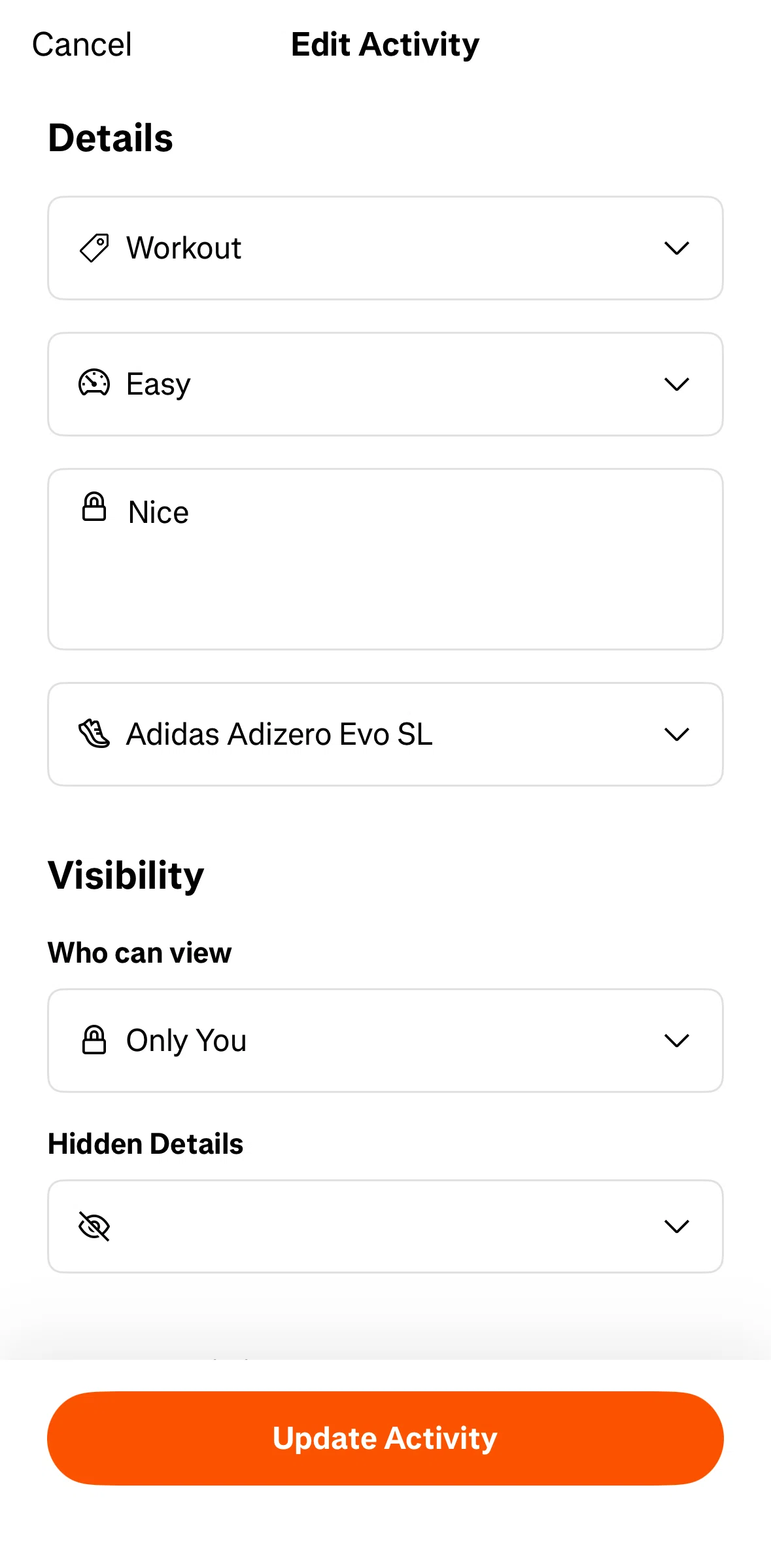 Strava Screen screen in the Changing visibility settings flow