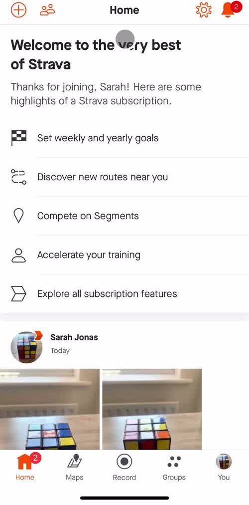 Strava Home screen in the Creating A Group flow