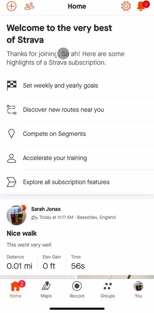 Strava Home screen in the Creating A Post flow