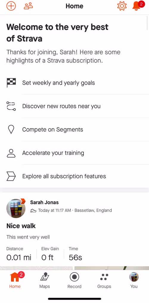 Strava Home screen in the Creating A Route flow