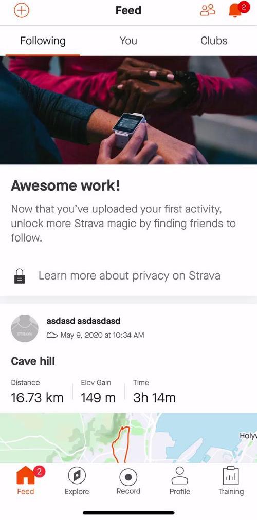 Strava Feed - following screen in the Discovering Content flow