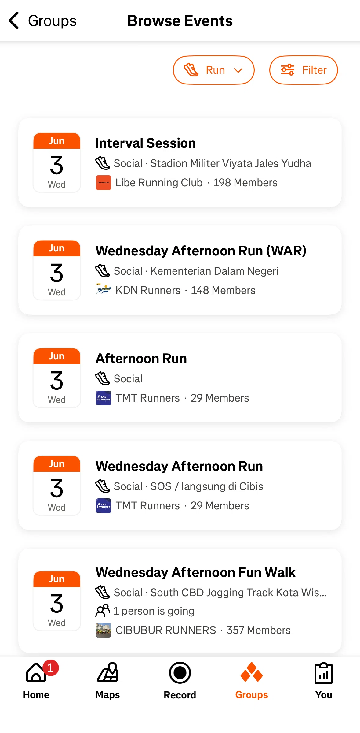 Strava Screen screen in the Filtering events flow