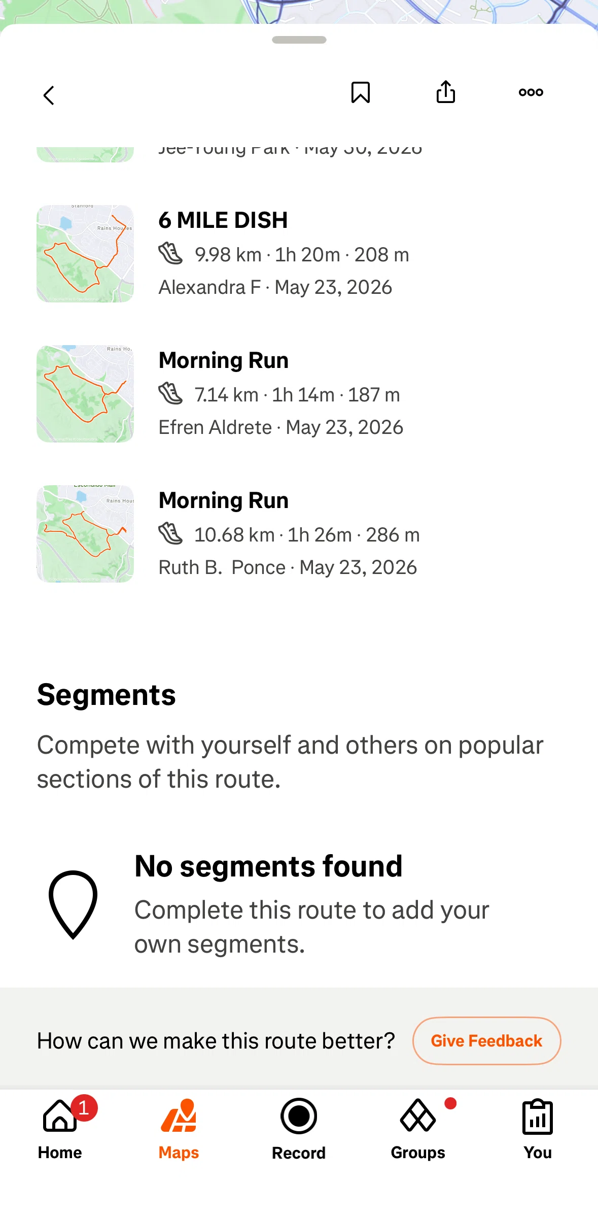 Strava Screen screen in the Giving feedback (route detail) flow