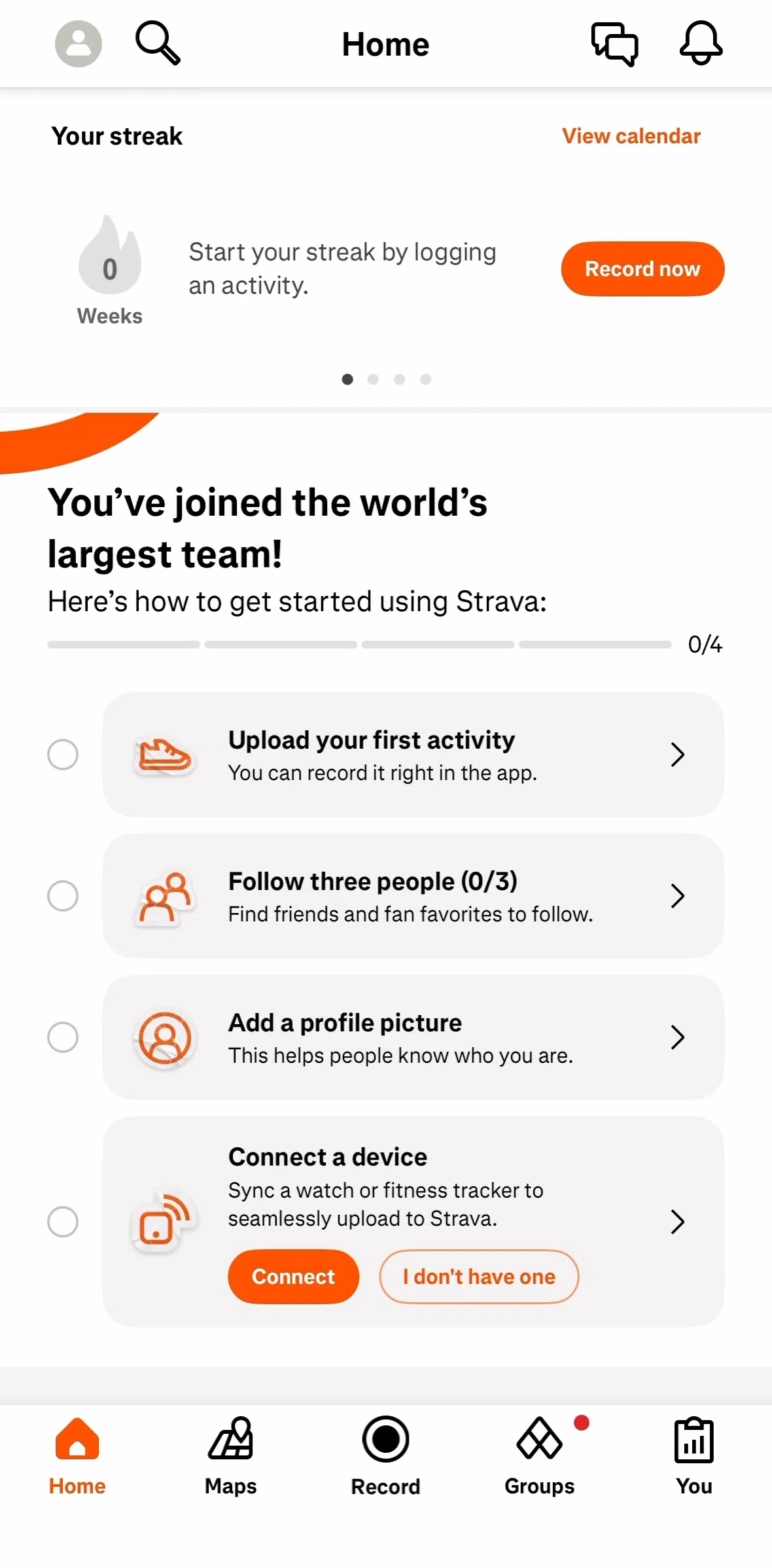 Strava Screen screen in the Home flow