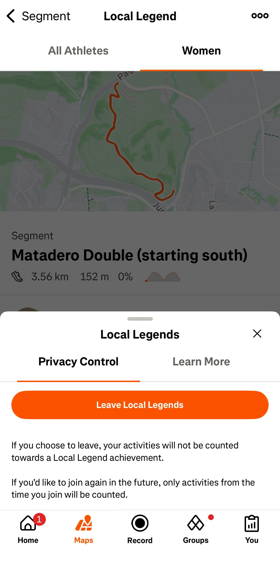 Strava Screen screen in the Leaving local legends flow