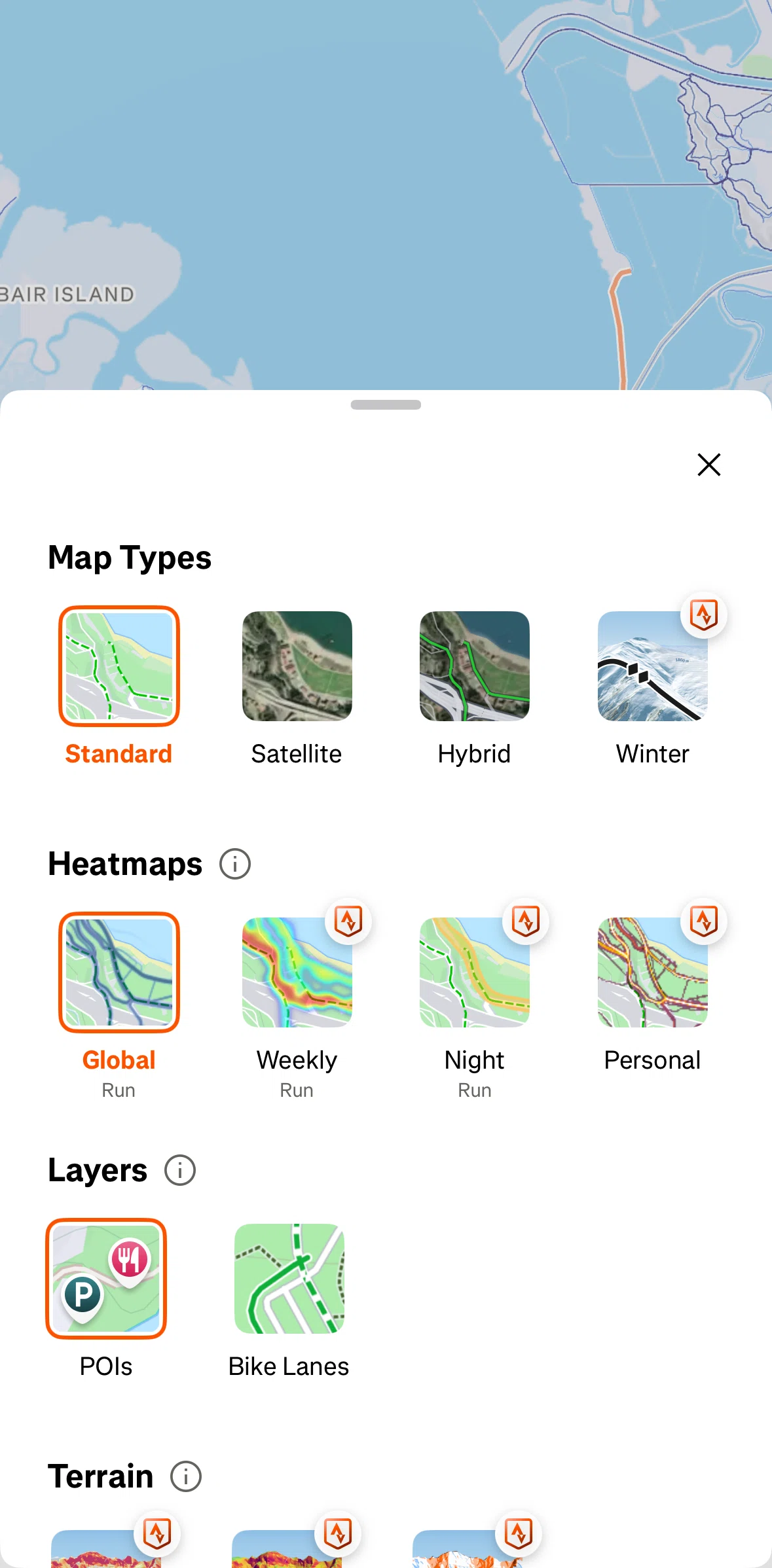 Strava Screen screen in the Map legends (terrain) flow