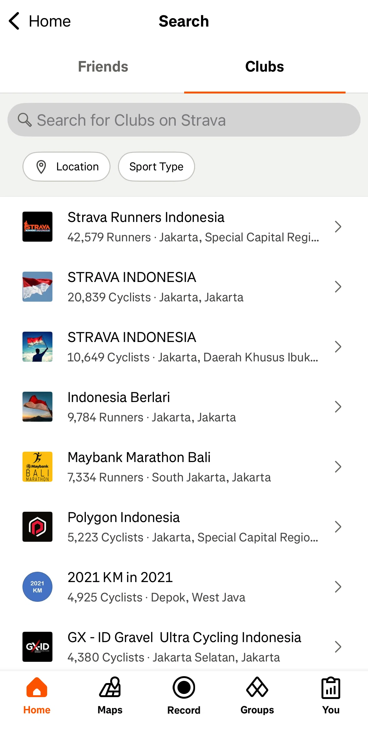 Strava Screen screen in the Searching clubs flow