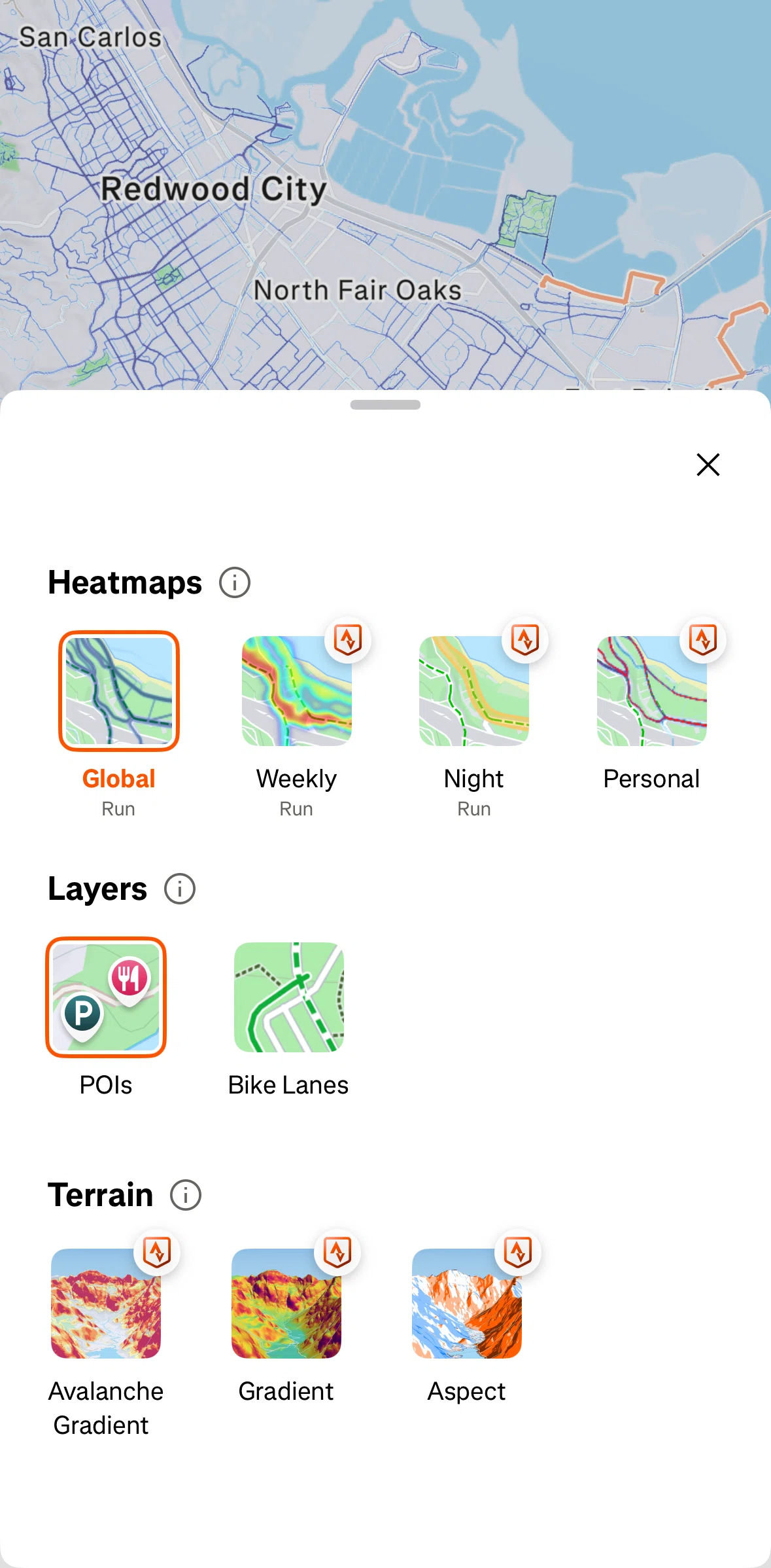 Strava Screen screen in the Showing terrain flow