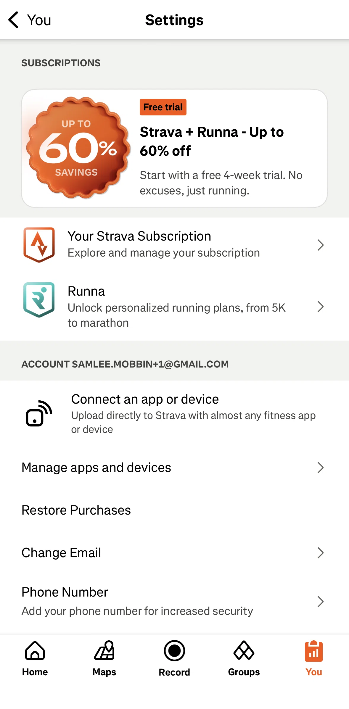 Strava Screen screen in the Subscribing to Strava + Runna flow