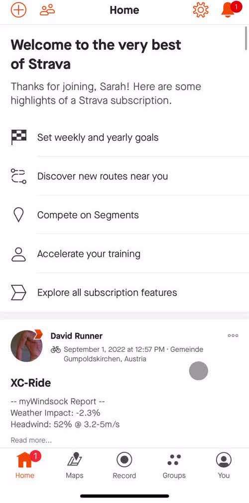 Strava Home screen in the Tracking Activity flow