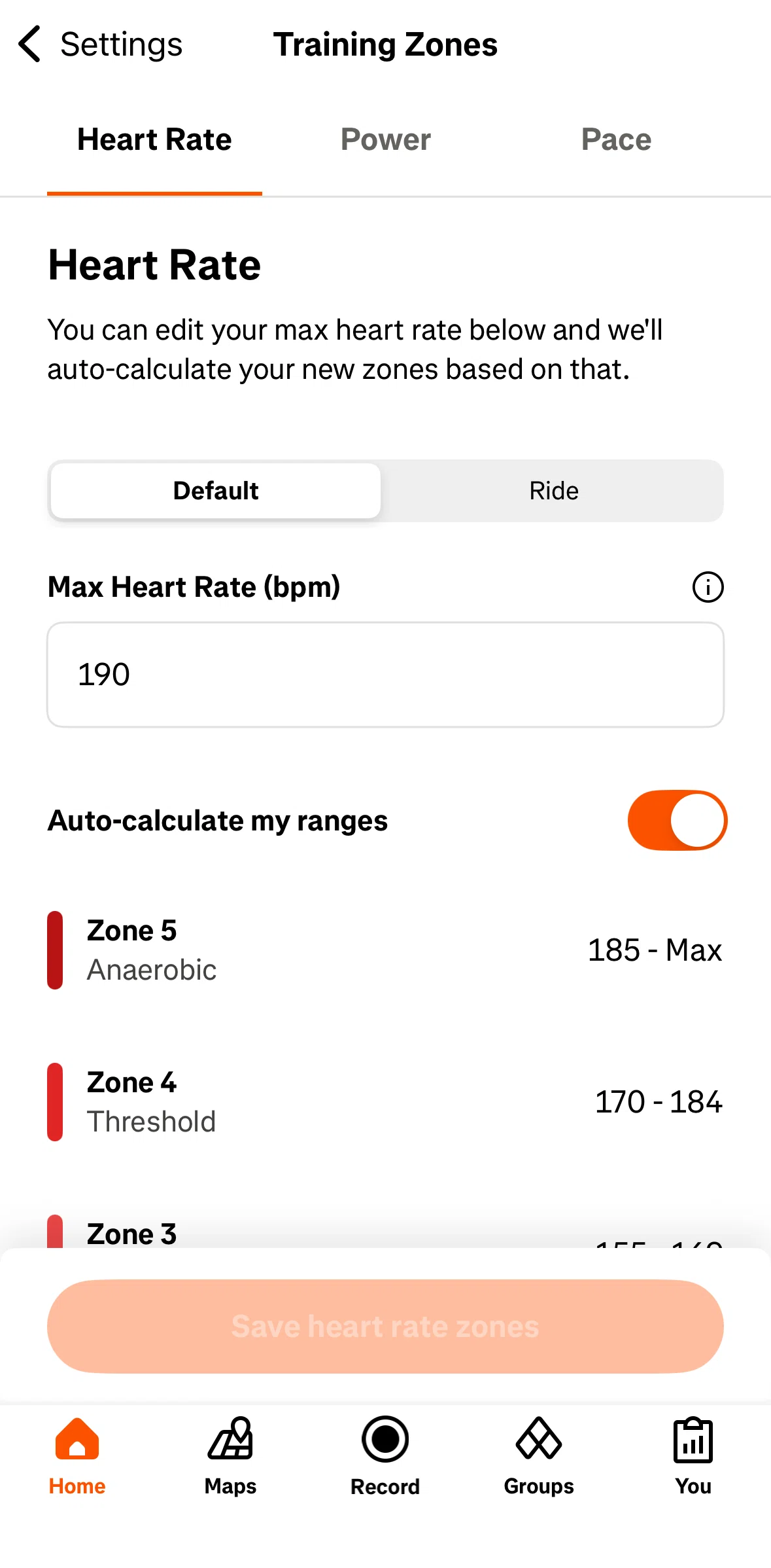 Strava Screen screen in the Turning off auto-calculation flow