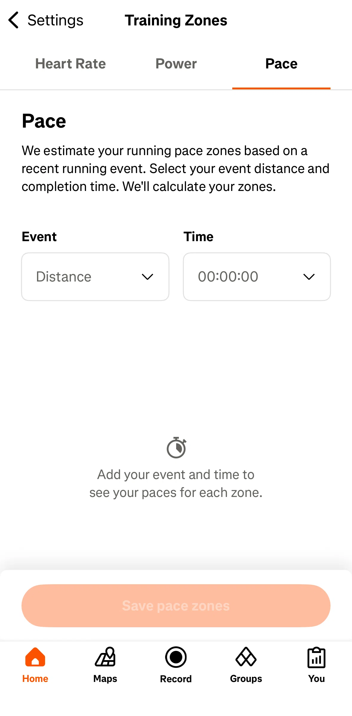 Strava Screen screen in the Updating pace zones flow