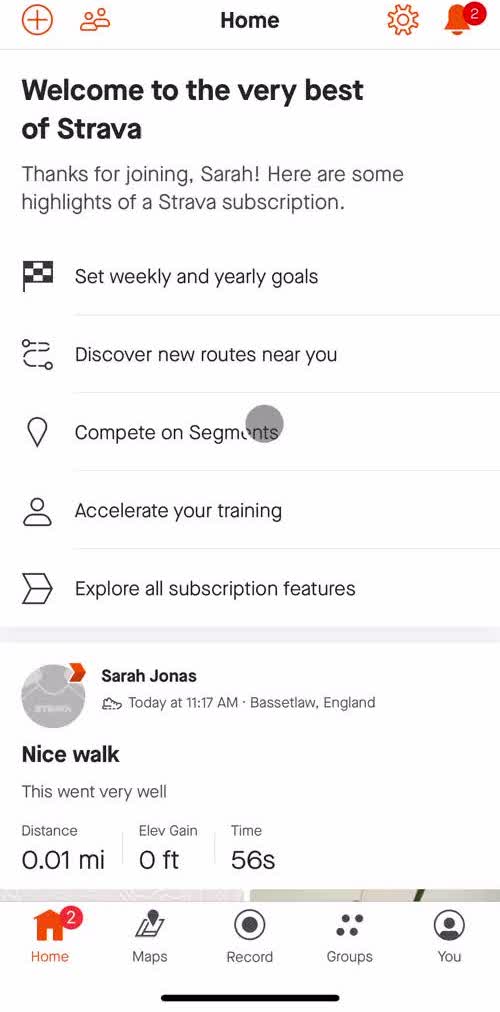 Strava Home screen in the Updating Your Profile flow