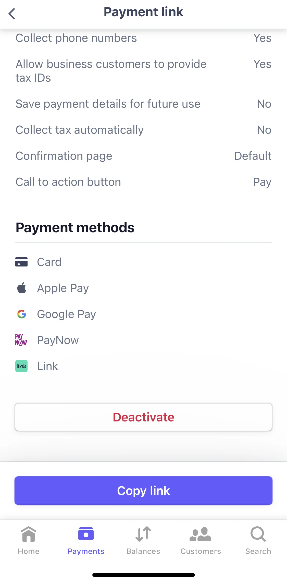 Stripe Dashboard Screen screen in the Deactivating a payment link flow