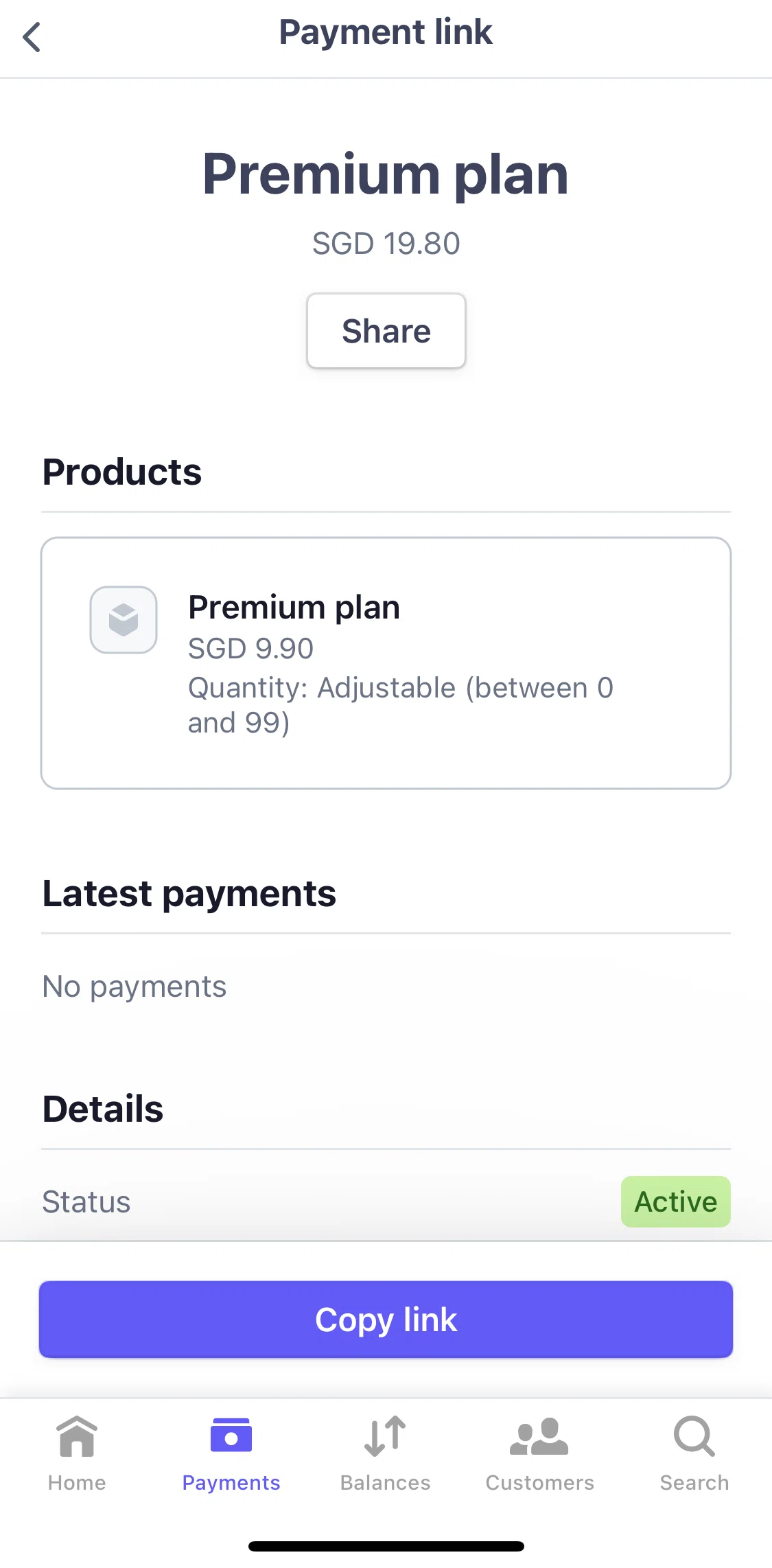 Stripe Dashboard Screen screen in the Sharing payment link flow