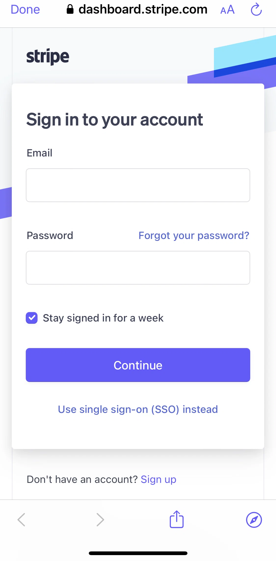 Stripe Dashboard Screen screen in the Signing up for an account flow