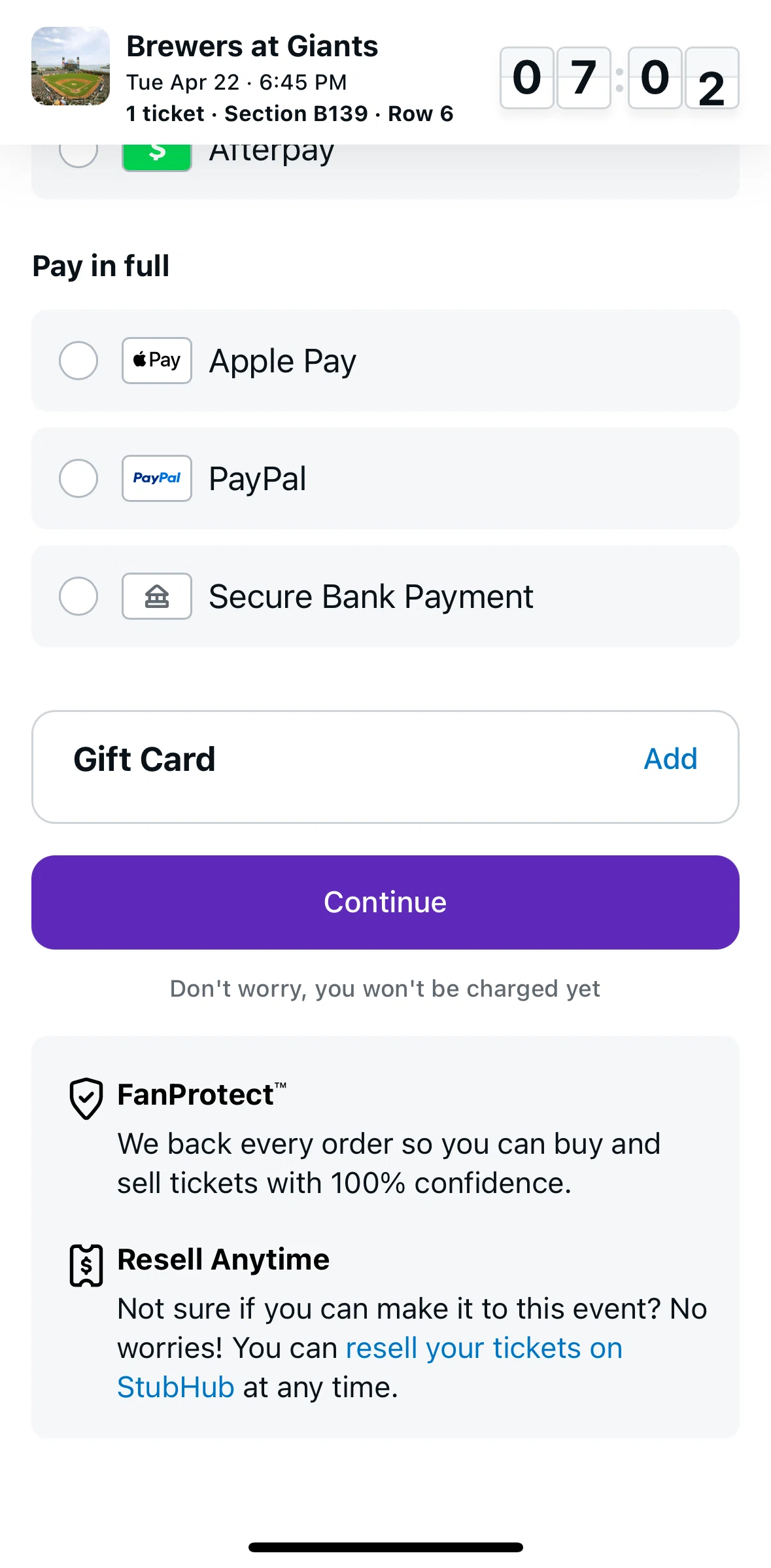 StubHub Screen screen in the Add a gift card flow