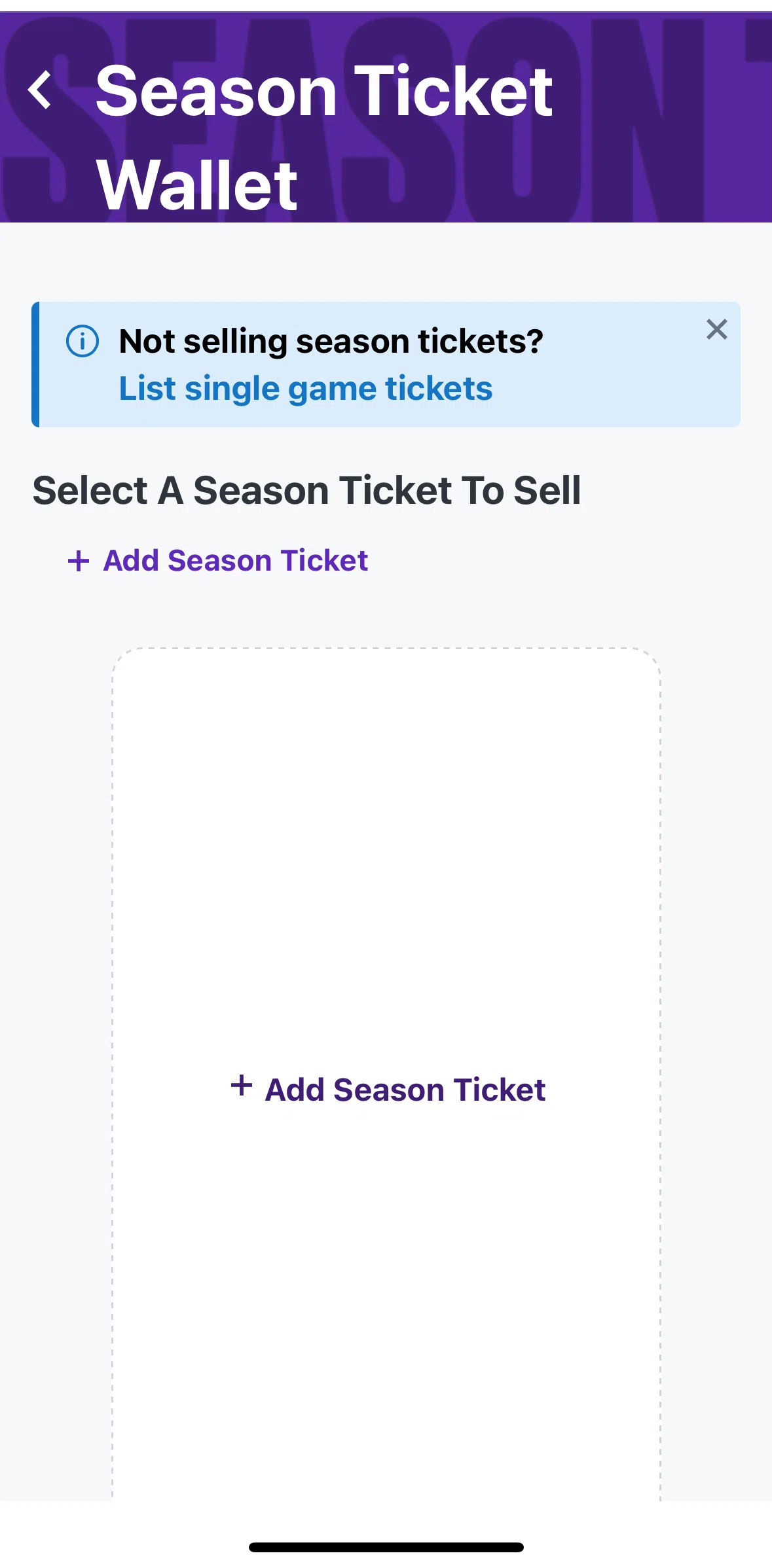 StubHub Screen screen in the Adding a season ticket flow