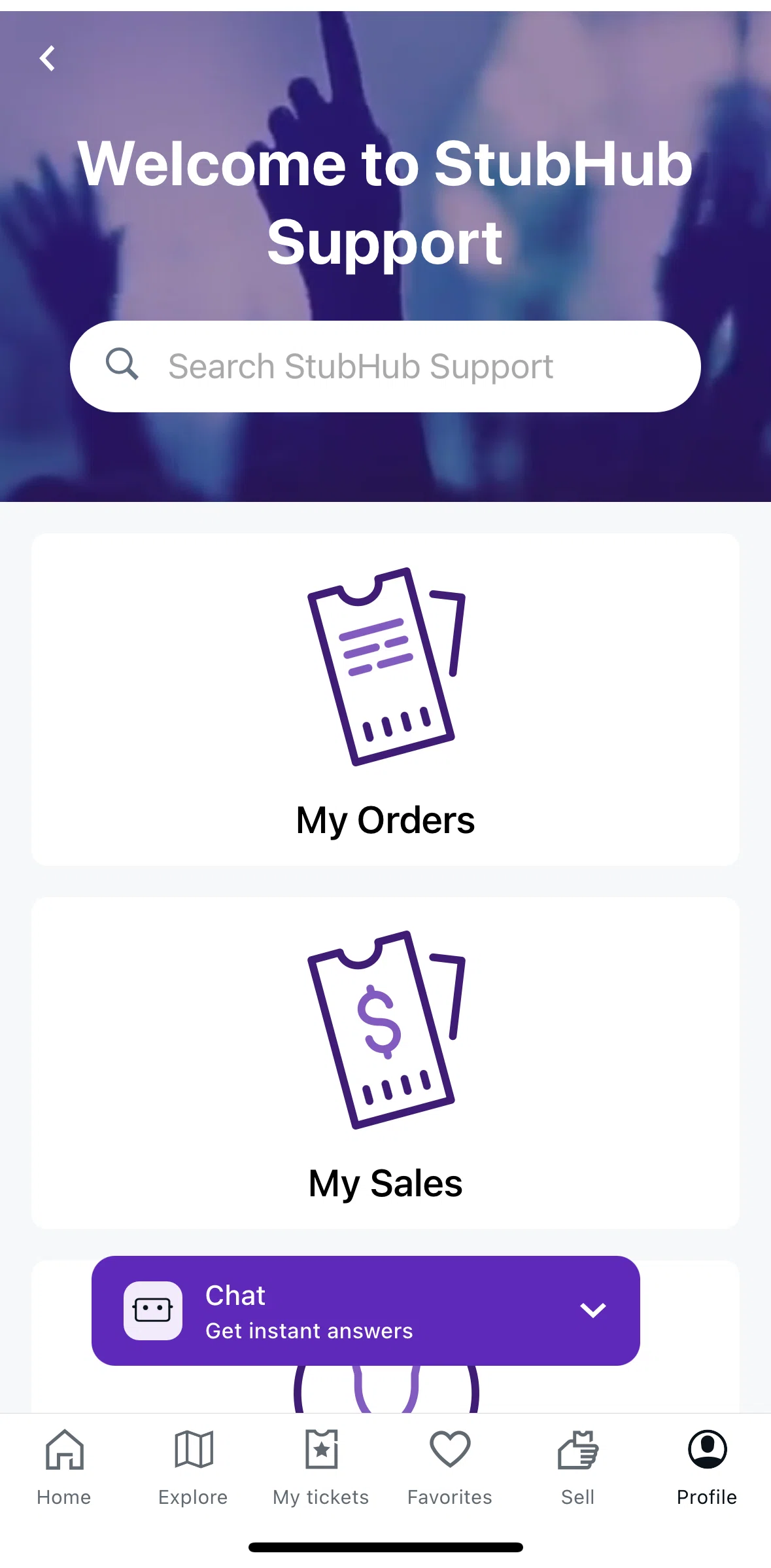StubHub Screen screen in the Chatting with a virtual assistant flow